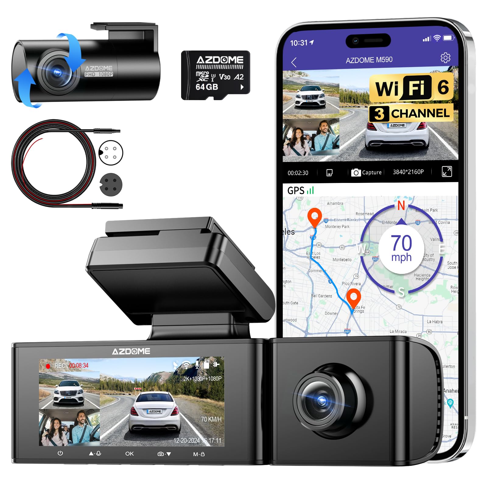 Amazon.com: AZDOME M590 3 Channel Dash Cam with 20ft 4 Pin