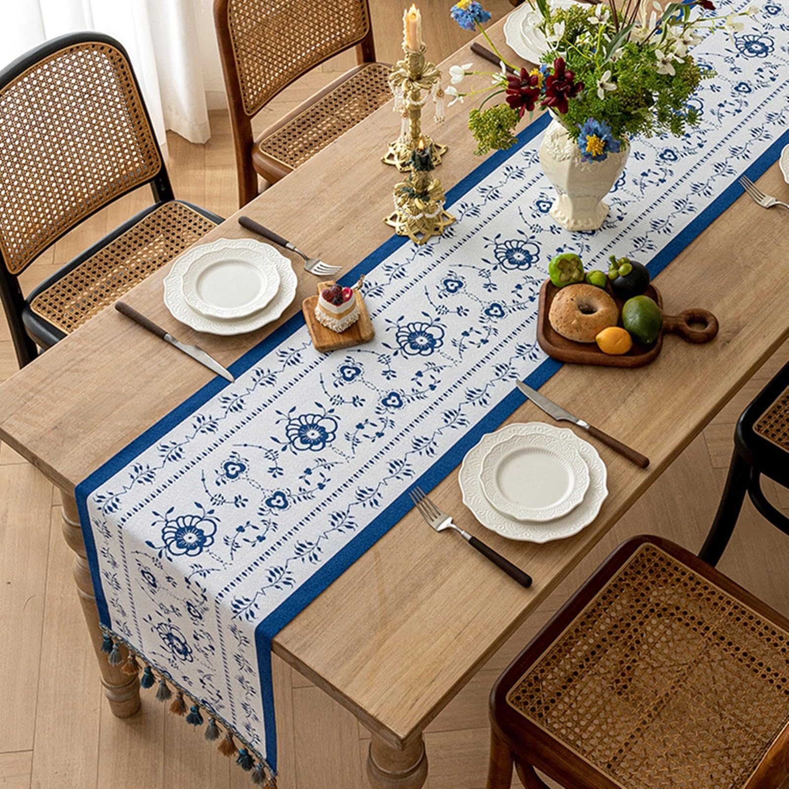 Tischläufer Hochzeit Polyester, Tischläufer Landhausstil 35x240 cm, Leinenoptik mit Blauem Blumenjacquard