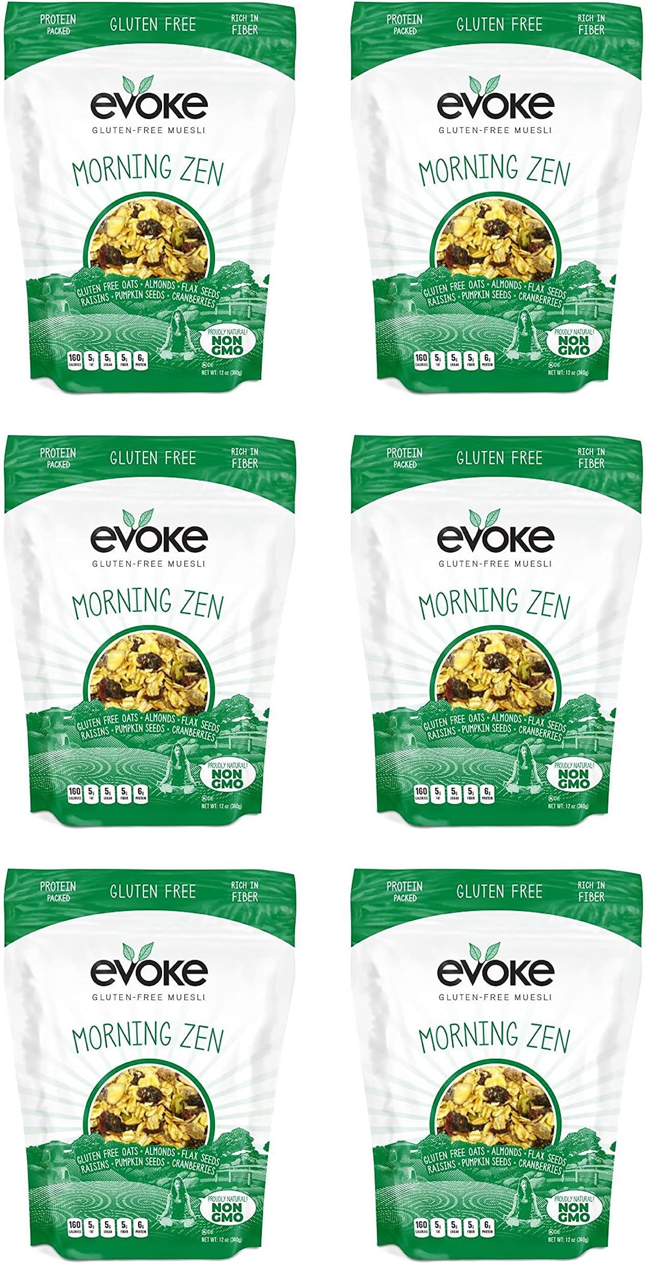 Evoke Gluten Free Muesli Cereal, Morning Zen, 12 oz Pack of 6 - Low Sugar, Enjoy cold or hot! Overnight Oats!