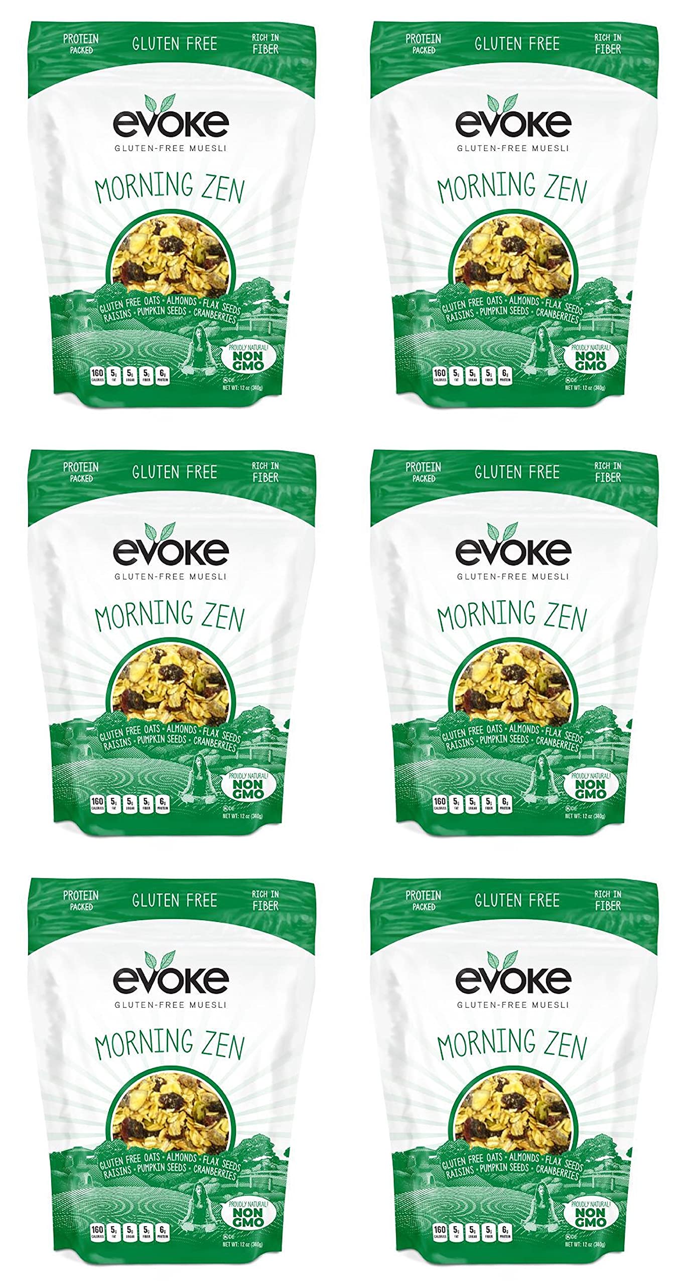 Evoke Gluten Free Muesli Cereal, Morning Zen, 12 oz Pack of 6 - Low Sugar, Enjoy cold or hot! Overnight Oats!