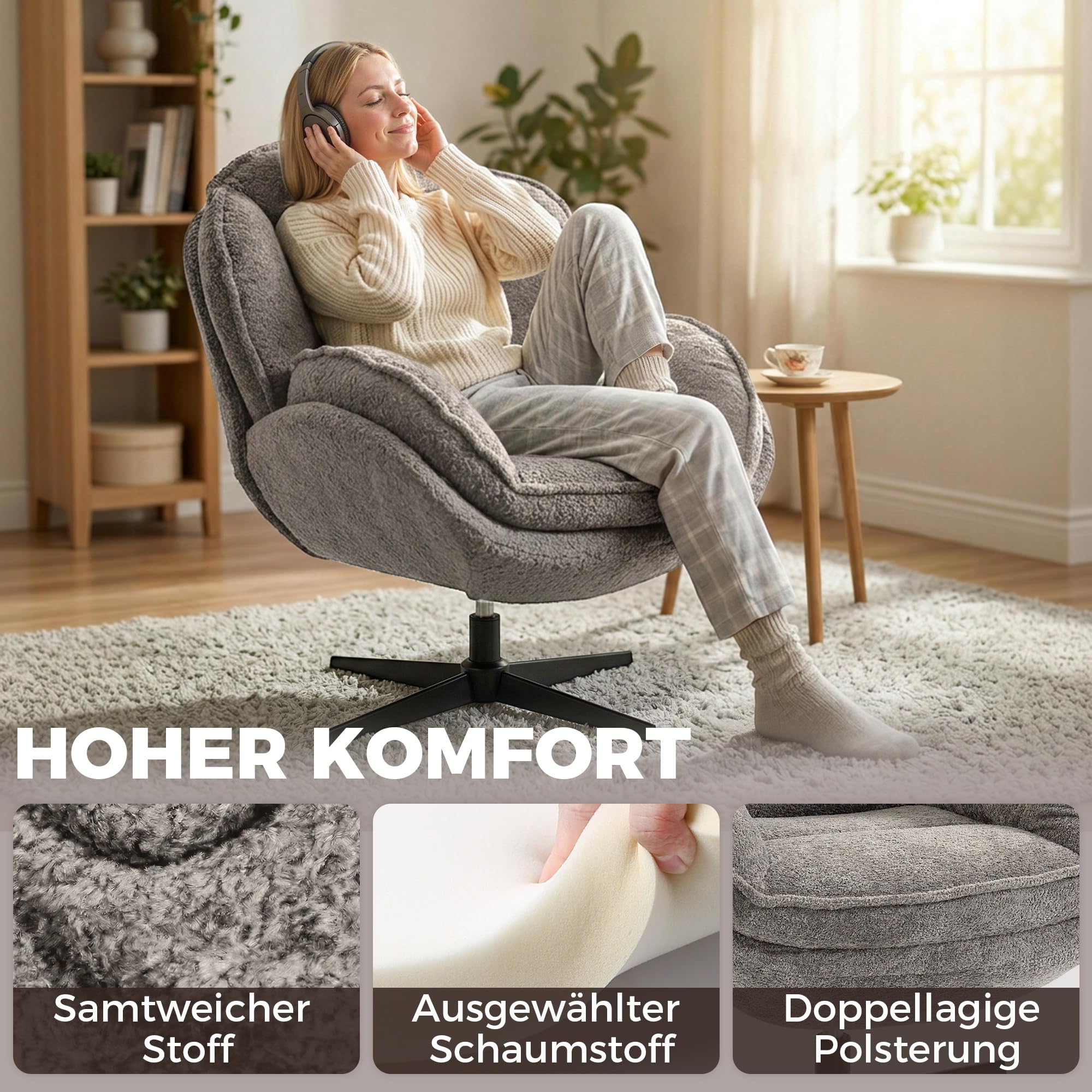 HOMCOM Ohrensessel Drehbarer Loungesessel Geplosterter Sessel Grau