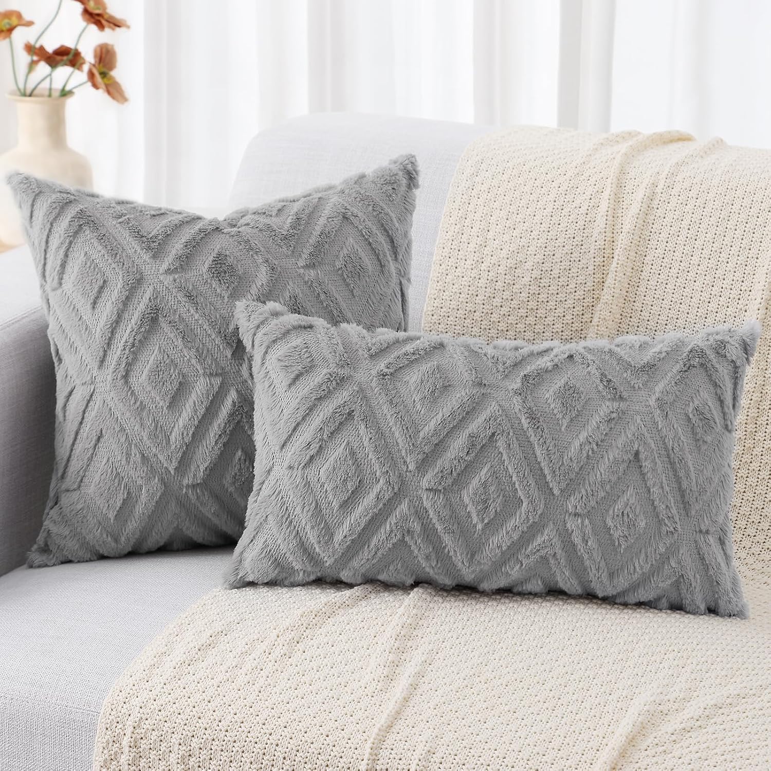 decorUhome Spring Couch Throw Pillow Covers 20x20 Set of 2, Decorative Soft Plush Faux Fur Wool Accent Pillow Covers for Modern Farmhouse Bed Sofa Living Room, Grey - Image 7
