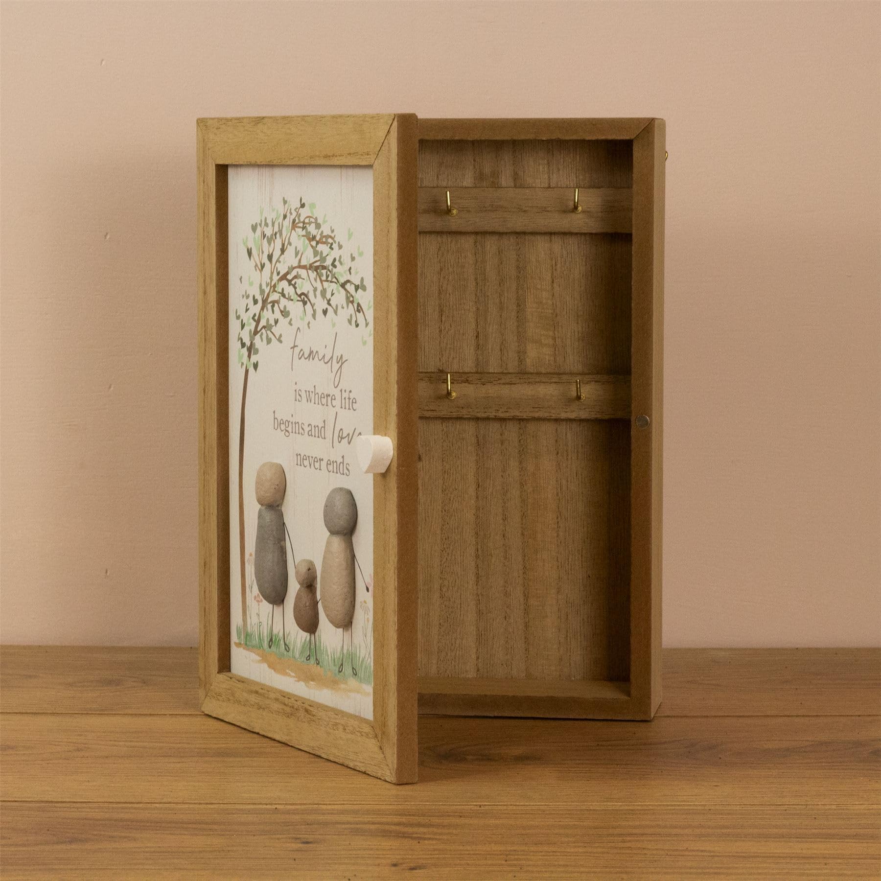 Pebble Family Key Box - Armario de madera para llaves de árbol genealógico Shabby Chic, armario para llaves montado en la pared con 6 ganchos para llaves, 19 x 26 cm