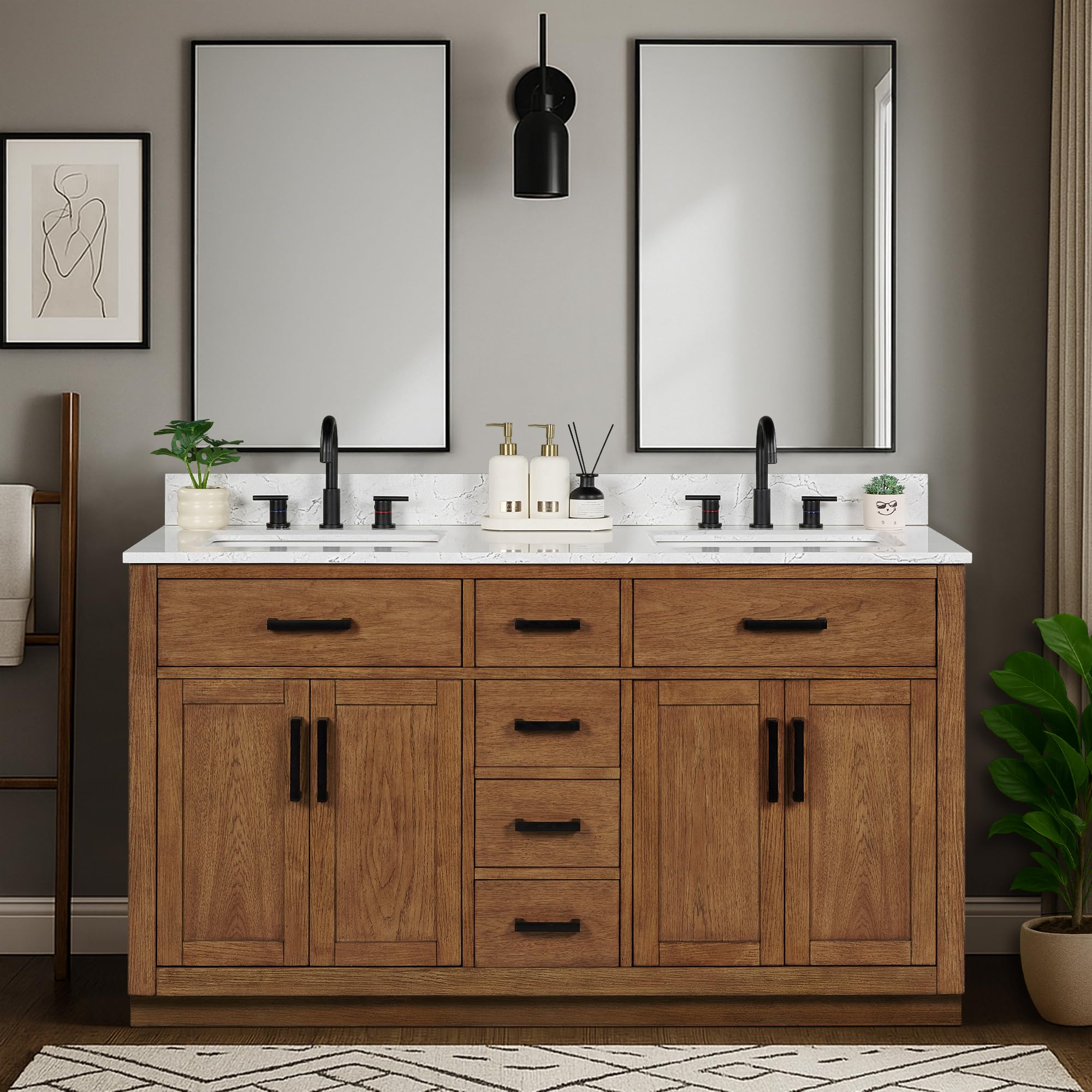 Photo 1 of XWNE 60-inch Dark Walnut Bathroom Vanity with 2 Sinks, Solid Wood, 0.79-inch Stone Countertop and Backsplash, 6 Drawers, 4 Soft Closing Doors