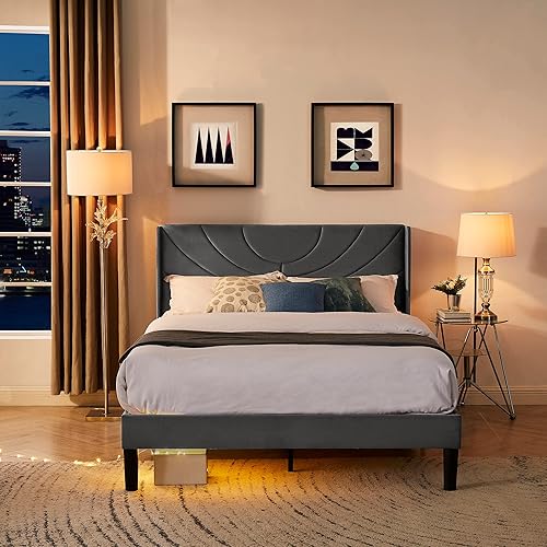 Miniatura 43 de VECELO Base de cama tapizada tamaño Queen con cabecera de tela, soporte de listones de madera, no necesita somier, base de colchón, fácil montaje,