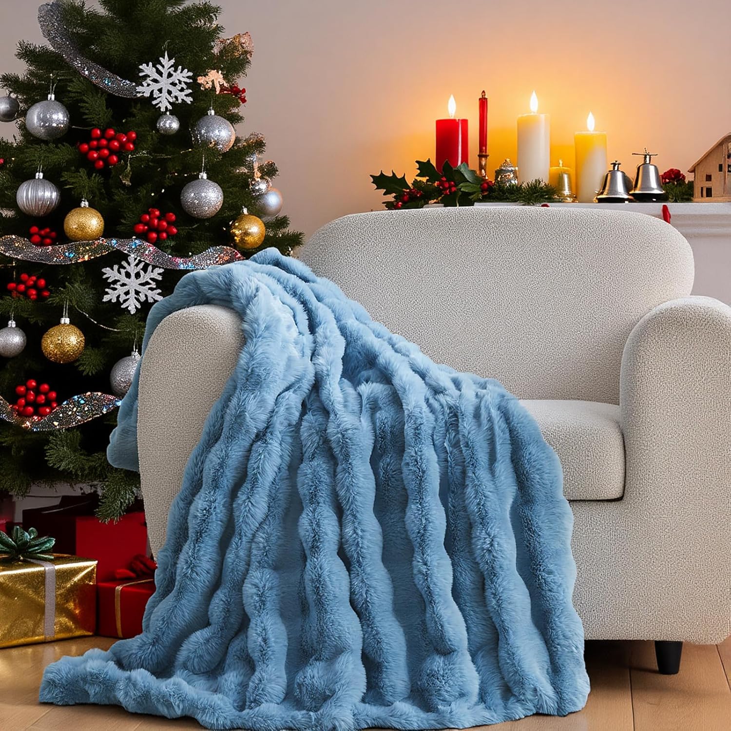 Lotus Karen Faux Fur Throw Blanket Sky Blue - Big Bubble Rabbit Fluff Blanket for Couch Bed Sofa,Softest Fluffy Fuzzy Cozy Blanket,Thick Furry Plush Shaggy Warm Blankets for Women,60x80 Inches - Image 2