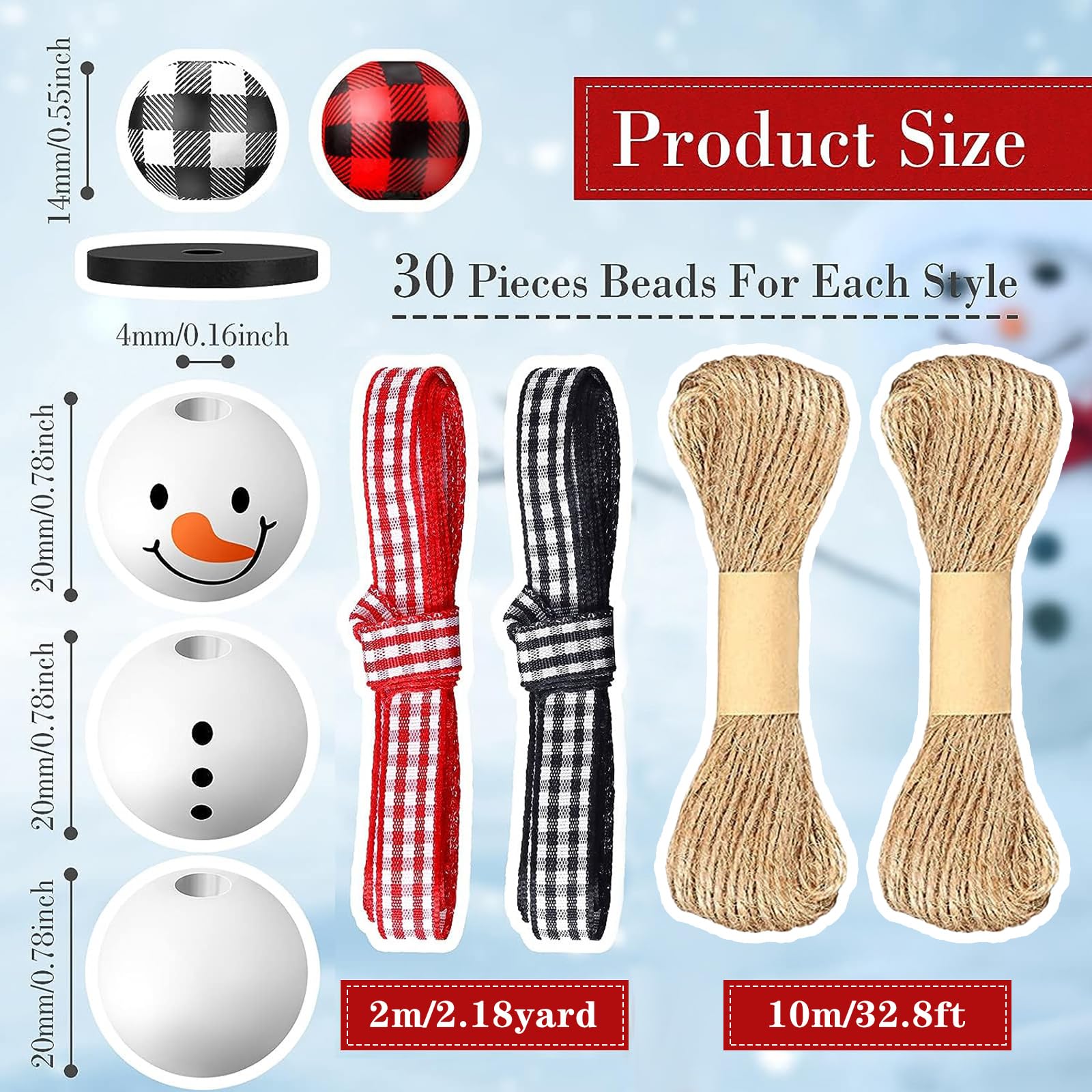 Lot De 240 Perles De Noël En Bois Avec Corde De Chanvre, Perles De 1,6