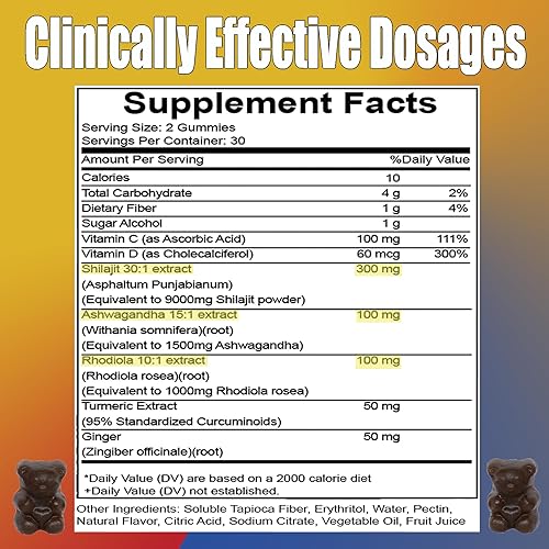 Miniatura 5 de Shilajit - Gomitas Shilajit puro del Himalaya de 300 mg con ashwagandha, rodiola, cúrcuma, jengibre, vitamina C y D, energía, enfoque y apoyo