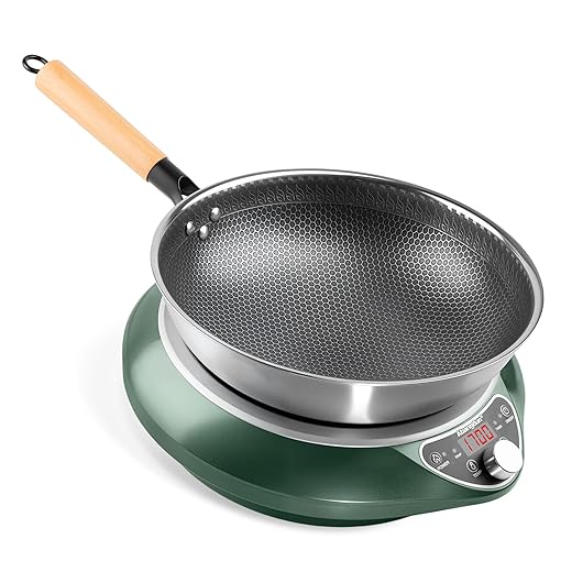Induction Wok Burner, 1700W 120V Electric Woks Hot Plate Portable Induction Cooktop, Stainless Steel Wok Included