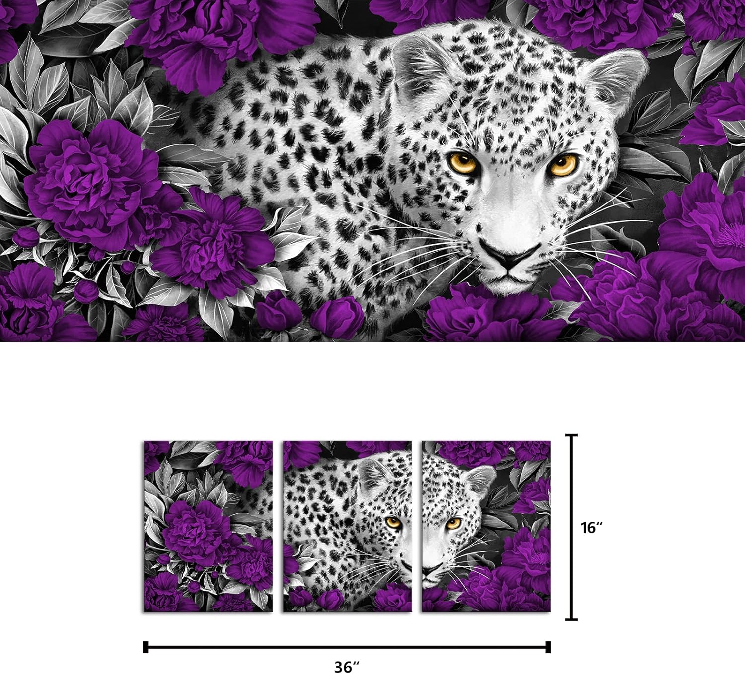 Visual Art Decor Purple Room Decor Leopard & Purple Flowers Floral Wall Art Cheetah Decor Picture Framed Artwork for Walls 3 Piece (12x16inchx3 Pieces)