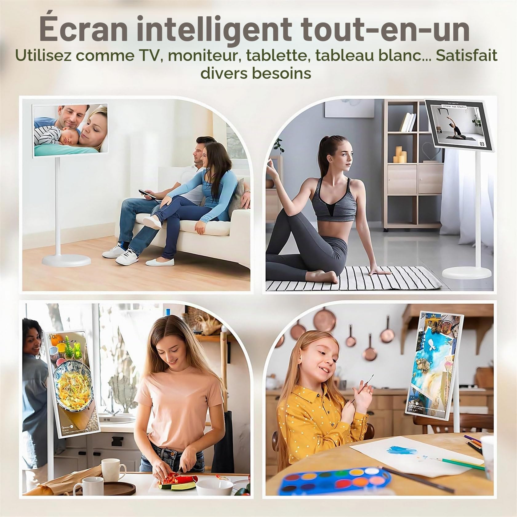 TéLéViseur Intelligent Portable 24, 27 Et 32 ​​Pouces, Support TV Mobile, Moniteur Tactile sur Pied, Moniteur Tactile 1080p sur roulettes avec TéLéCommande Et Rotation ComplèTe 24inch-4+64G