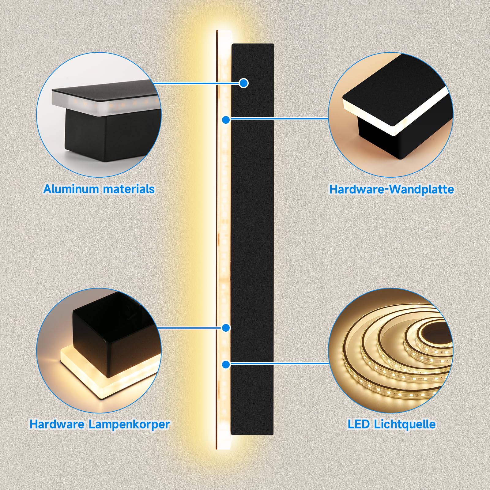 ledmo 2 Pezzi Applique da Parete LED 10W 3000K Nero IP54 Interno Esterno | Luce LED su tutto il perimetro, effetto uniforme e avvolgente; posa orizzontale o verticale, IP54 per interno ed esterno.