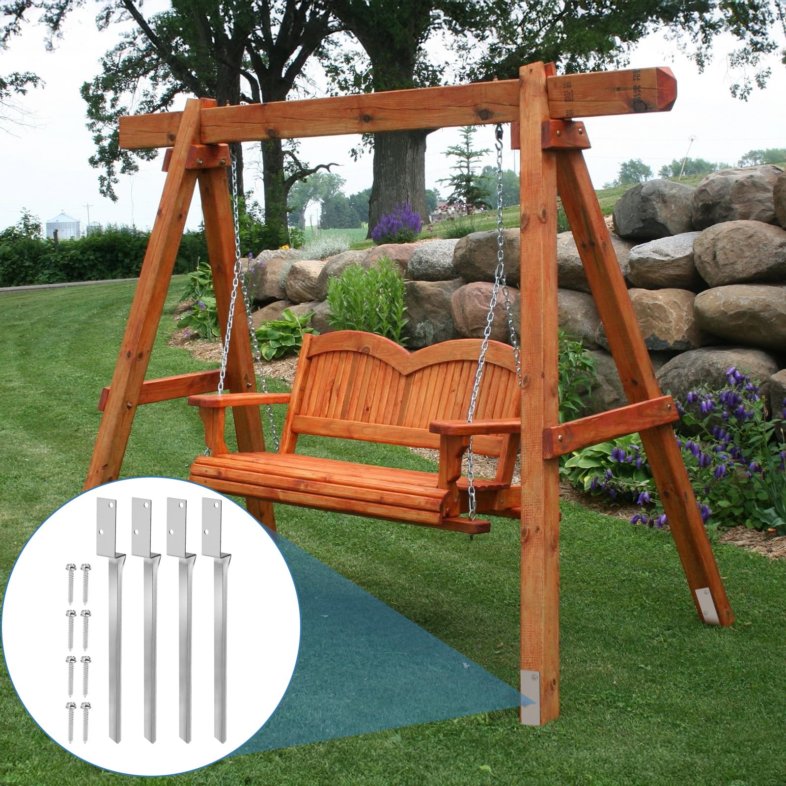 DBREAKS Set of 4 Swing Ground Anchors with Screws Included, Galvanised Steel, External Wooden Pole Support, Rose Arch, 50 cm - Image 2
