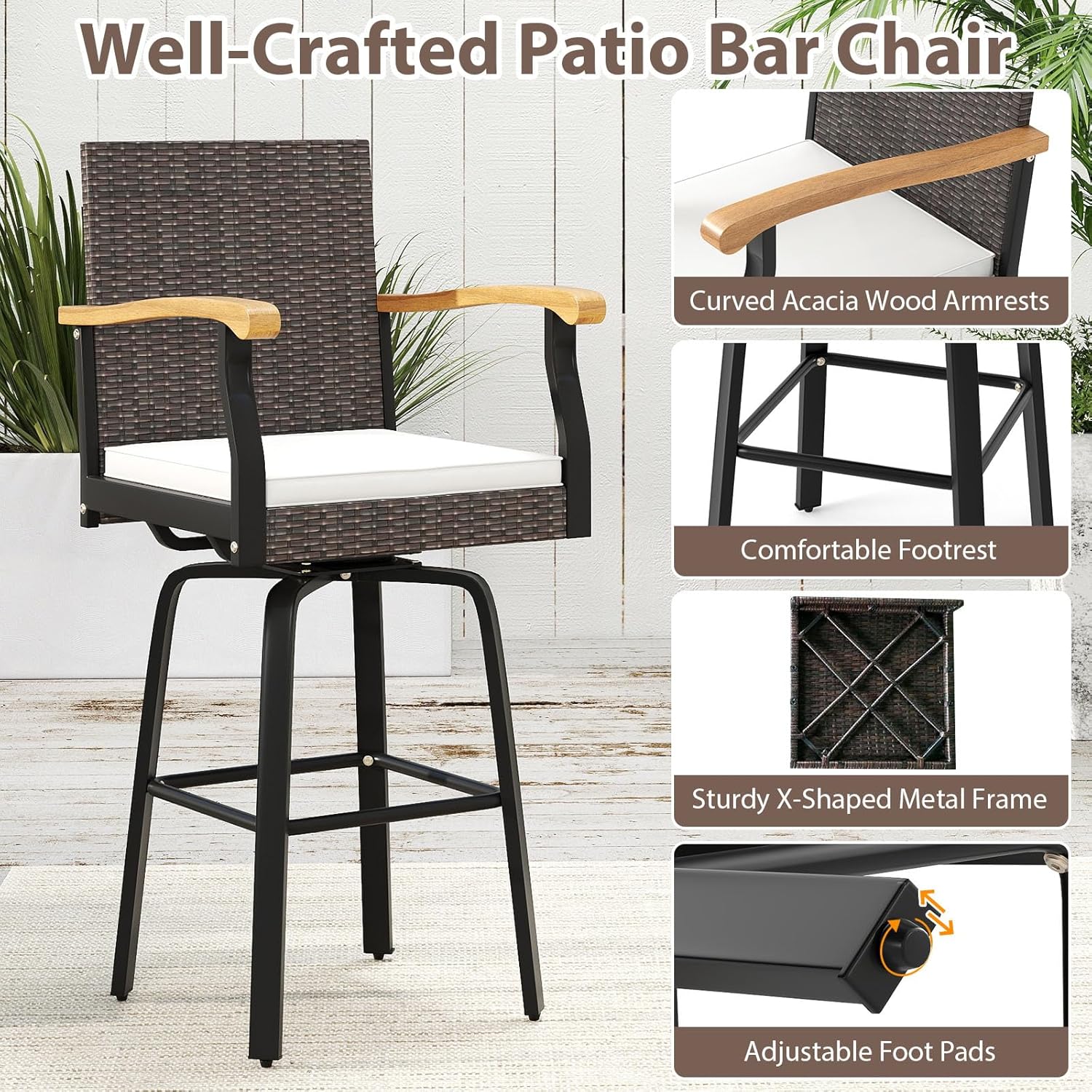 COSTWAY Outdoor Bar Stools Set of 2, 29'' Swivel Rattan Wicker High Top Chairs with Acacia Wood Armrest, Cushions and Backrest, Patio Bar Height Chairs for Poolside, Backyard, Deck (2)