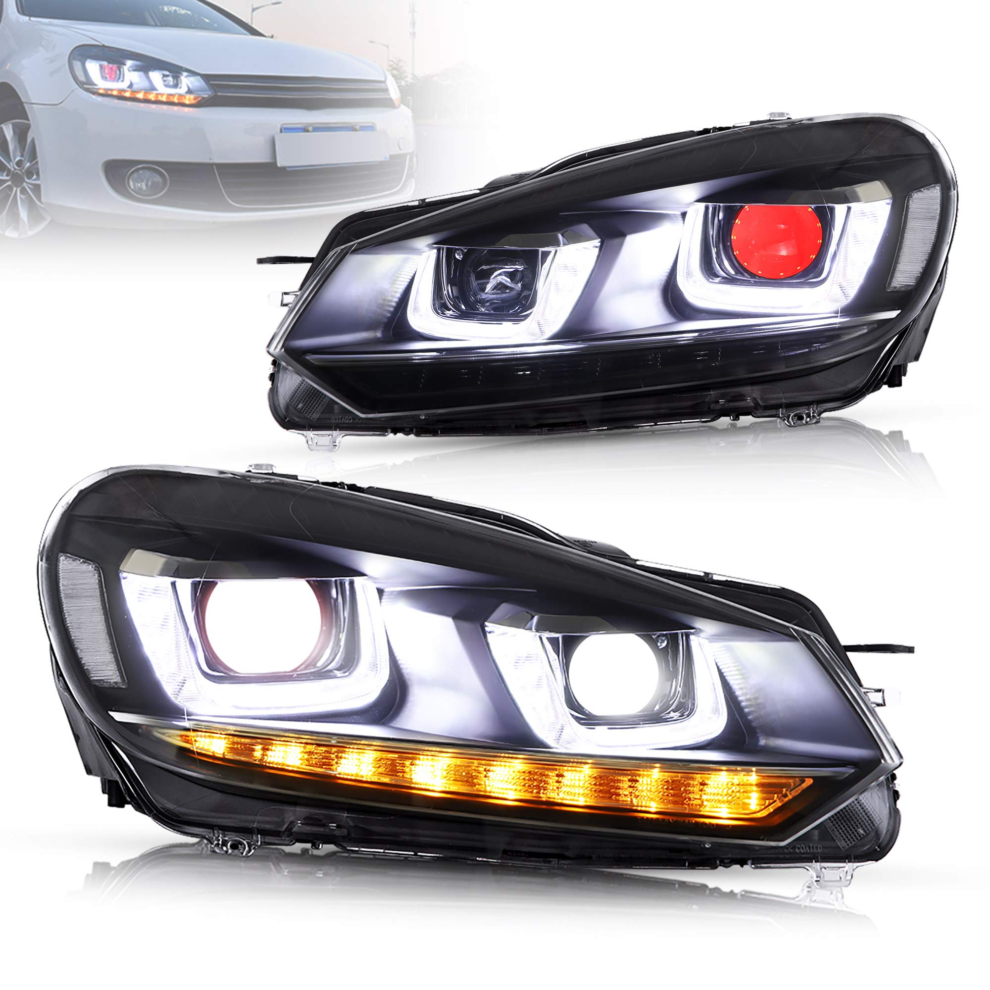 VLAND - Fari di Ricambio per Golf 6 MK6 TSI 2008-2013 [Non Adatto a GTI/R/TDI] Set di Fari Anteriori, Con Indicatore Sequenziale (Demon Eyes)