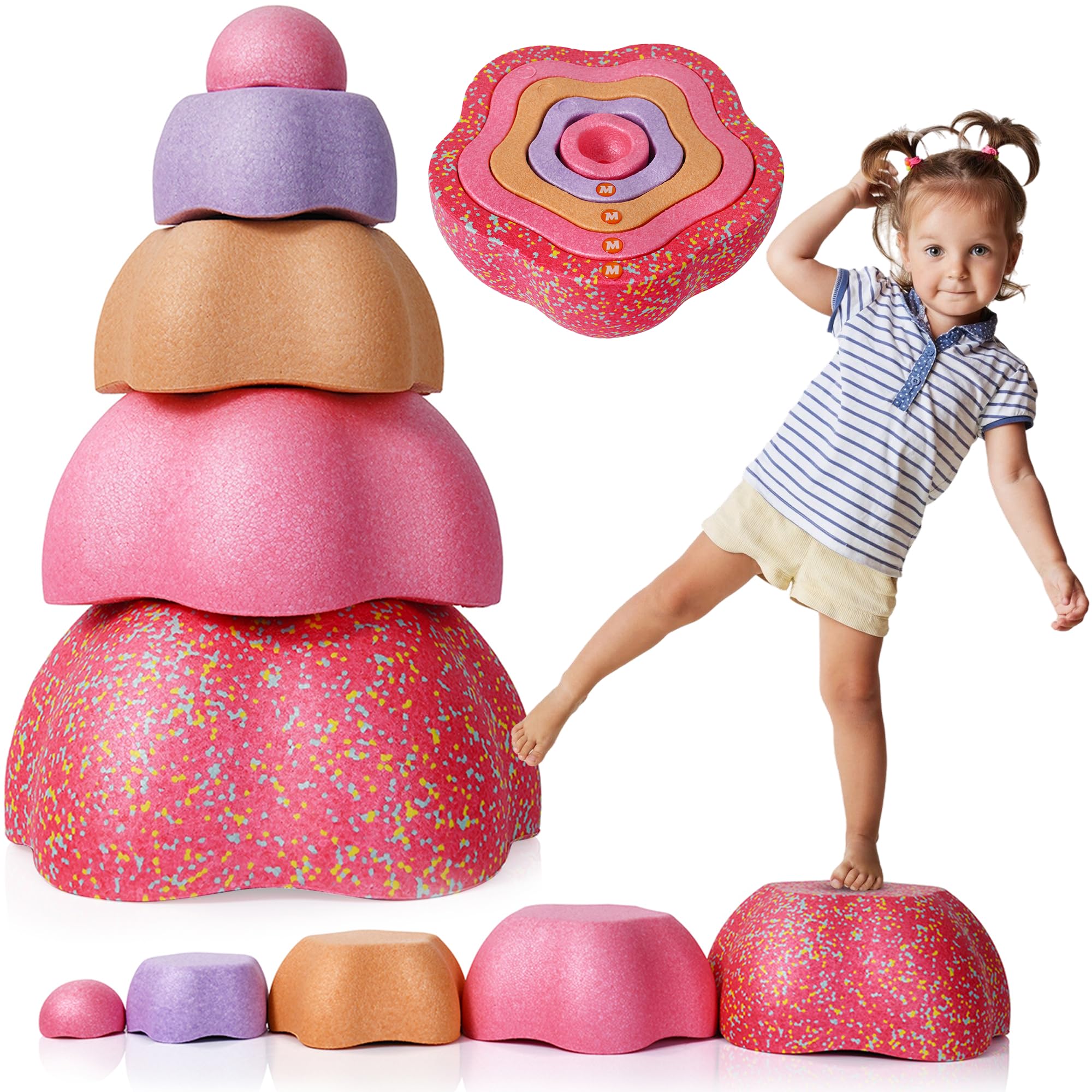 Majestic Sport Rocks, Sensorische Balanciersteine für Kinder – 5er Set – Belastbar, Fördert Gleichgewicht, Motorik & Koordination – Indoor & Outdoor, rote Pastellfarben