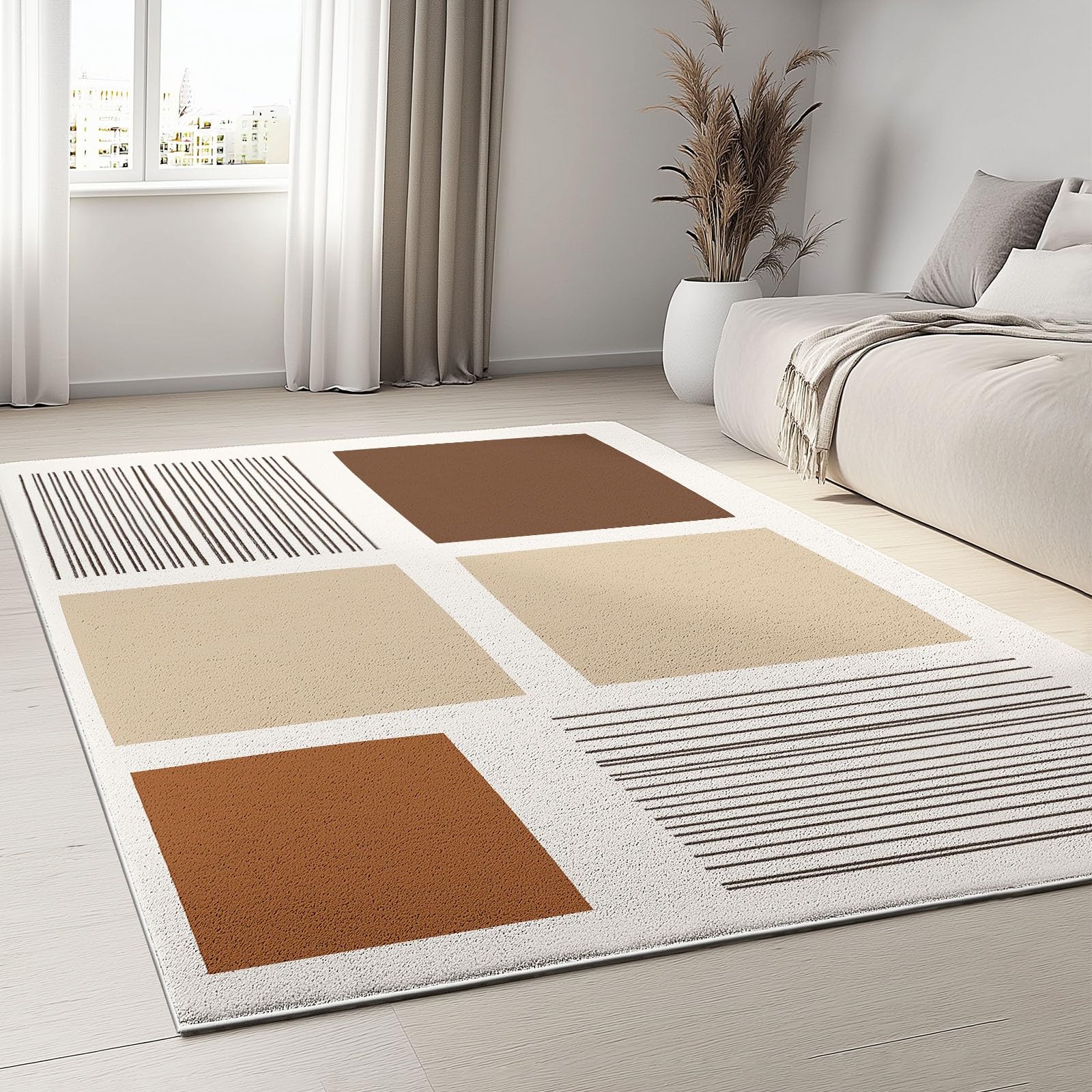 Tapis Décoratif, Tapis de Chambre 160 x 230 cm, Tapis de Salon, Tapis antidérapant, Lavable en Machine, Style Lignes Horizontales Simples, pour Cuisine, entrée, Marron Beige