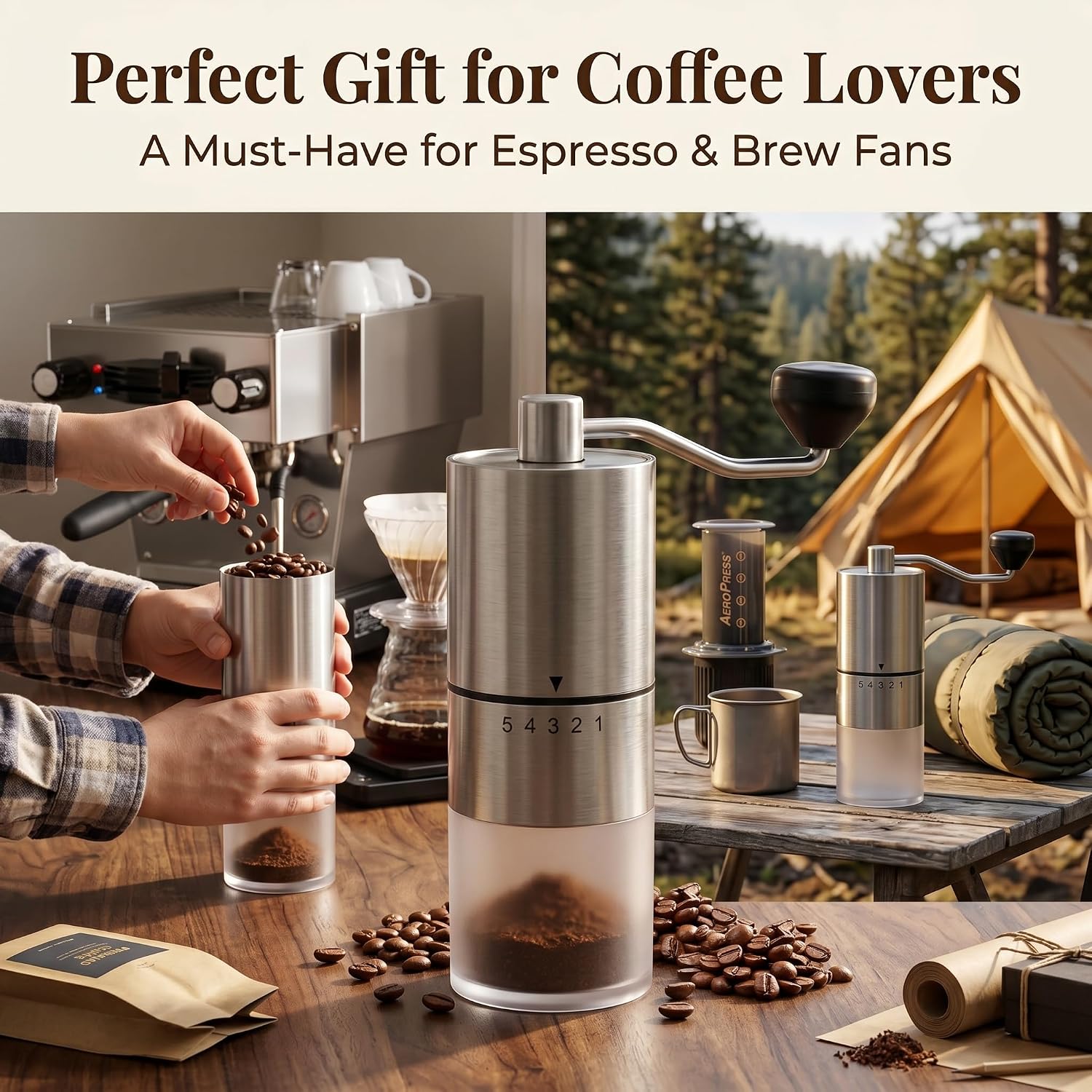 Topadorn Manual Coffee Grinder with Hand Crank, Portable Burr Coffee Grinder for Travel, Camping & Home, Adjustable Grind Settings, Stainless Steel Coffee Bean Grinder