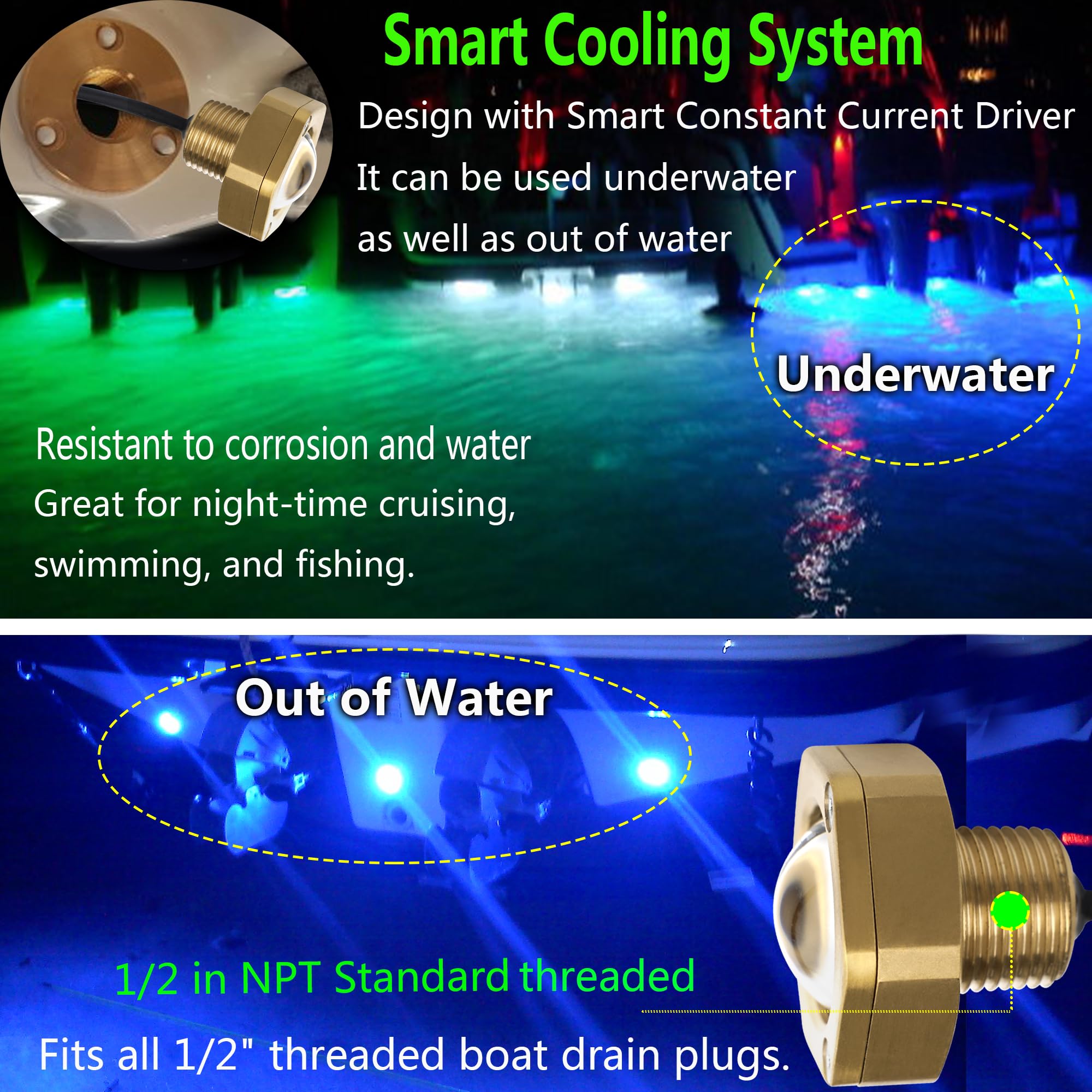 NBWDY 2Pcs Boat Drain Plug Light,RGBW IP68 Underwater Boat Lights with APP Remote Control,Replaces Standard 1/2