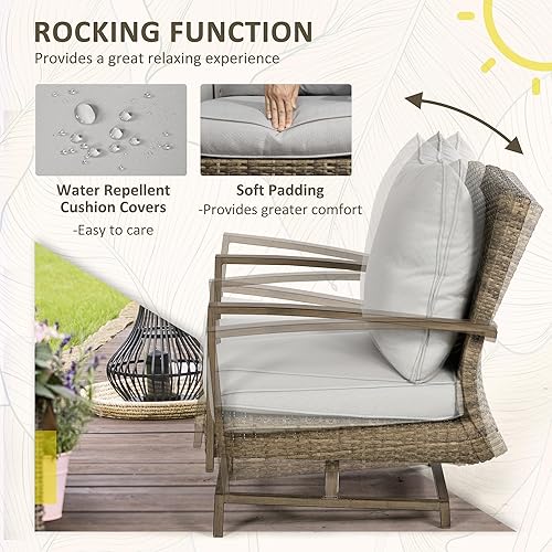 Miniatura 4 de Outsunny Juego de muebles de mimbre para patio, juego de sillas mecedoras para exteriores con mesa de centro bistró, juego de conversación de ratán