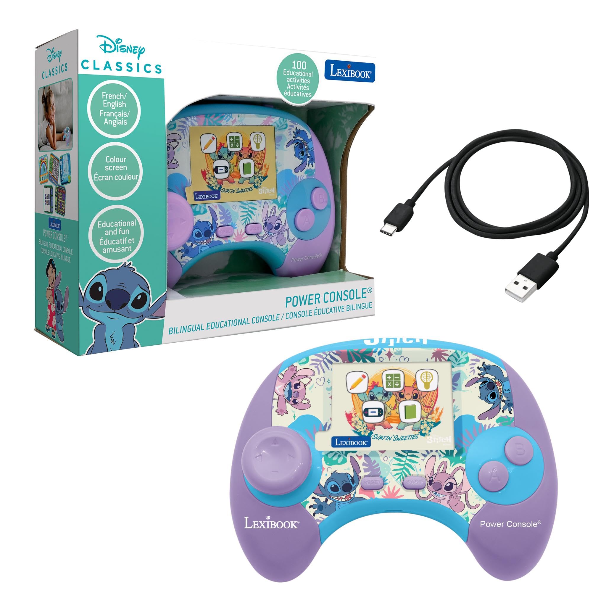 Lexibook, Disney Stitch Power Console® - Educational bilingual game console with 100 activities in English/French, JCG100Di1LXB