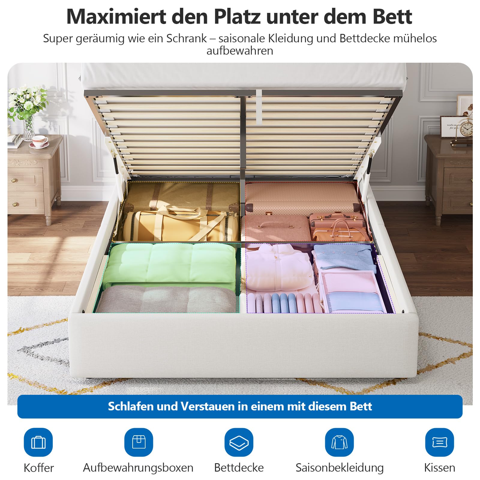 Polsterbett 140x200 cm mit hydraulischem Bettkasten und höhenverstellbarem Kopfteil, Ladestation (2 AC-Steckdosen, 1 USB-A, 1 USB-C Anschluss) Bett 140x200 mit Stauraum, Doppelbett Jugendbett, Weiß
