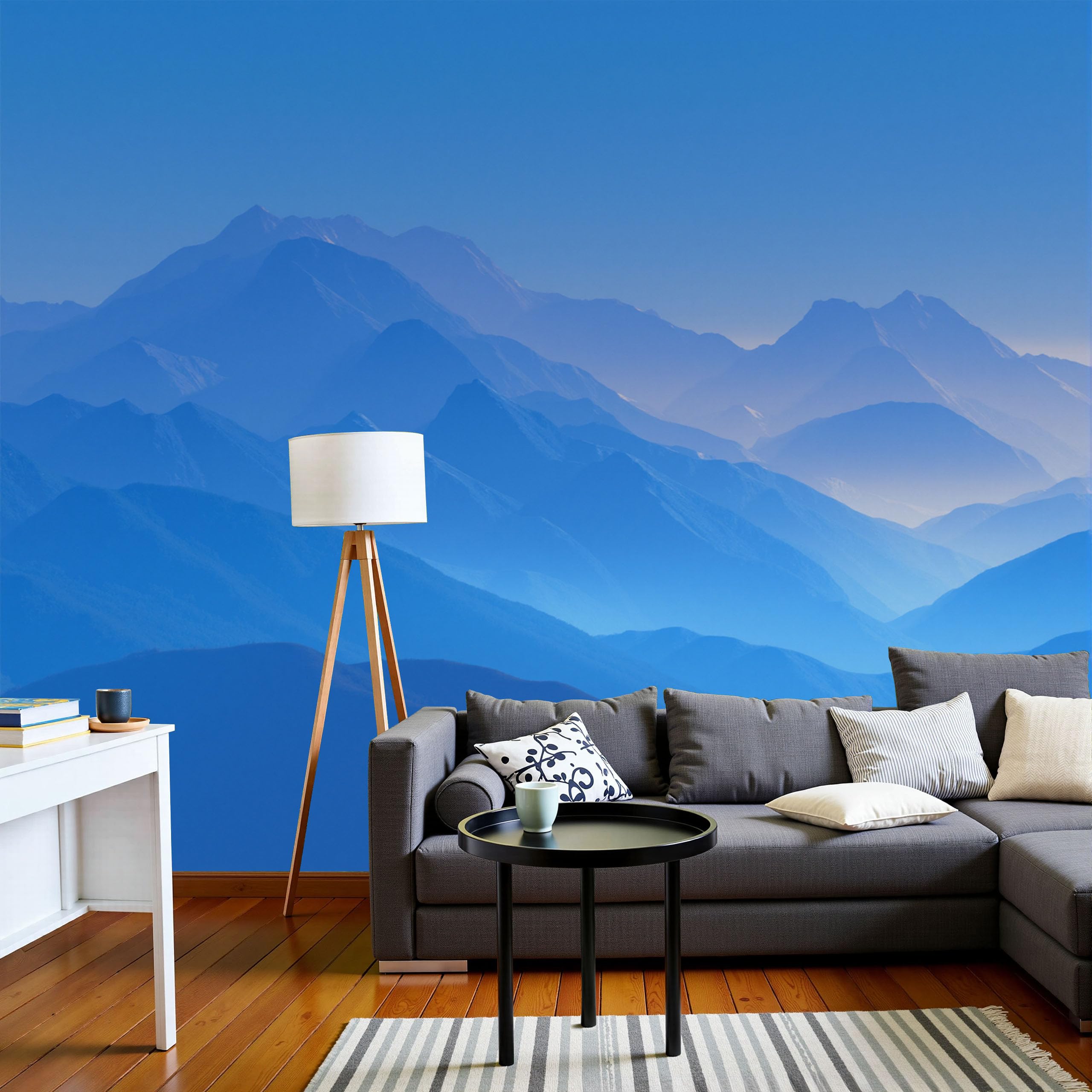 Papier peint panoramique montagnes brumeuses bleu royal pour salon xxl 300x210cm