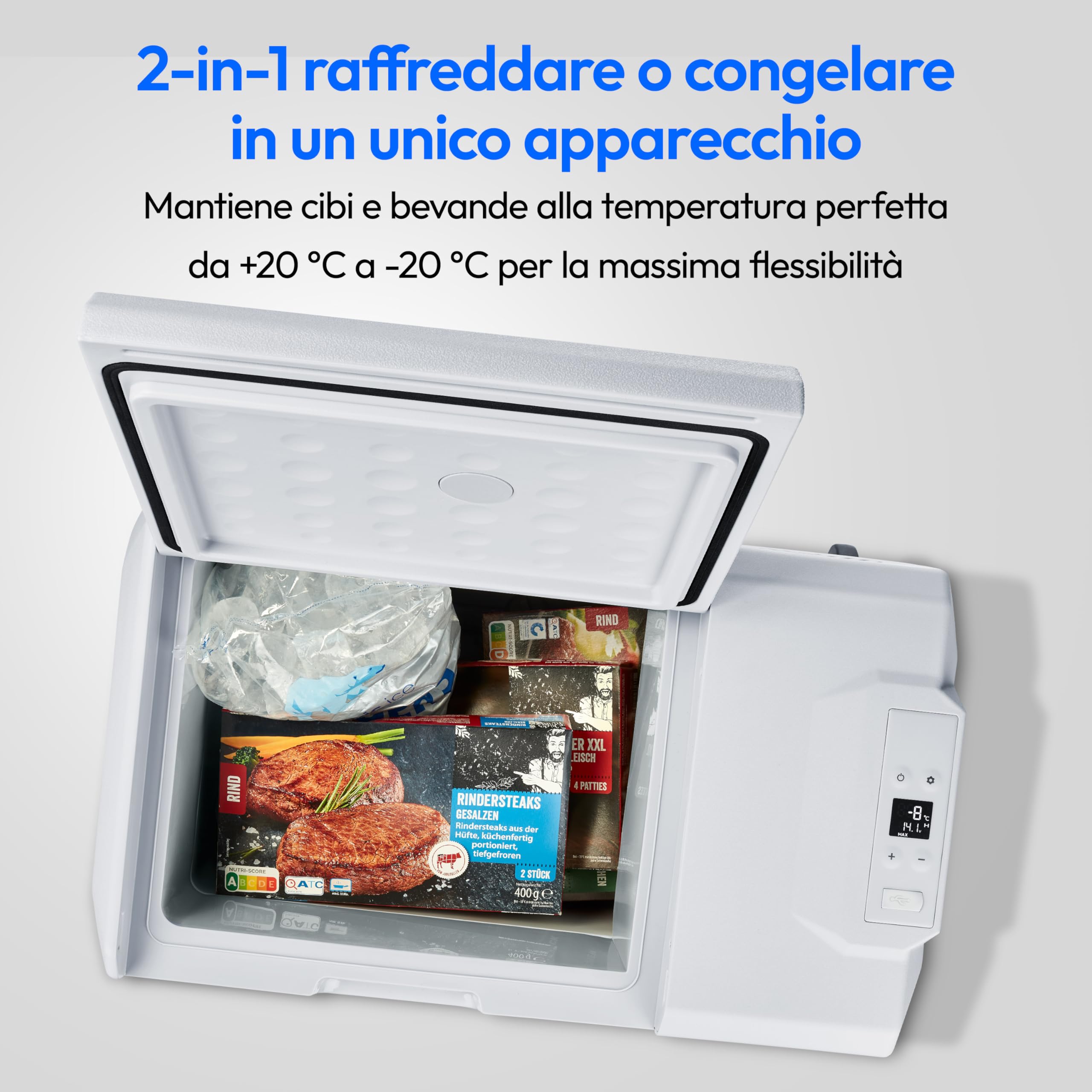 MEDION Frigo portatile con compressore (elettrico, 47 litri di spazio, 60 watt, da -20 °C a 20 °C, display a LED, USB, adattatore da 230 V a 12 V a 24 V per auto, camion, camper, campeggio MD13112)