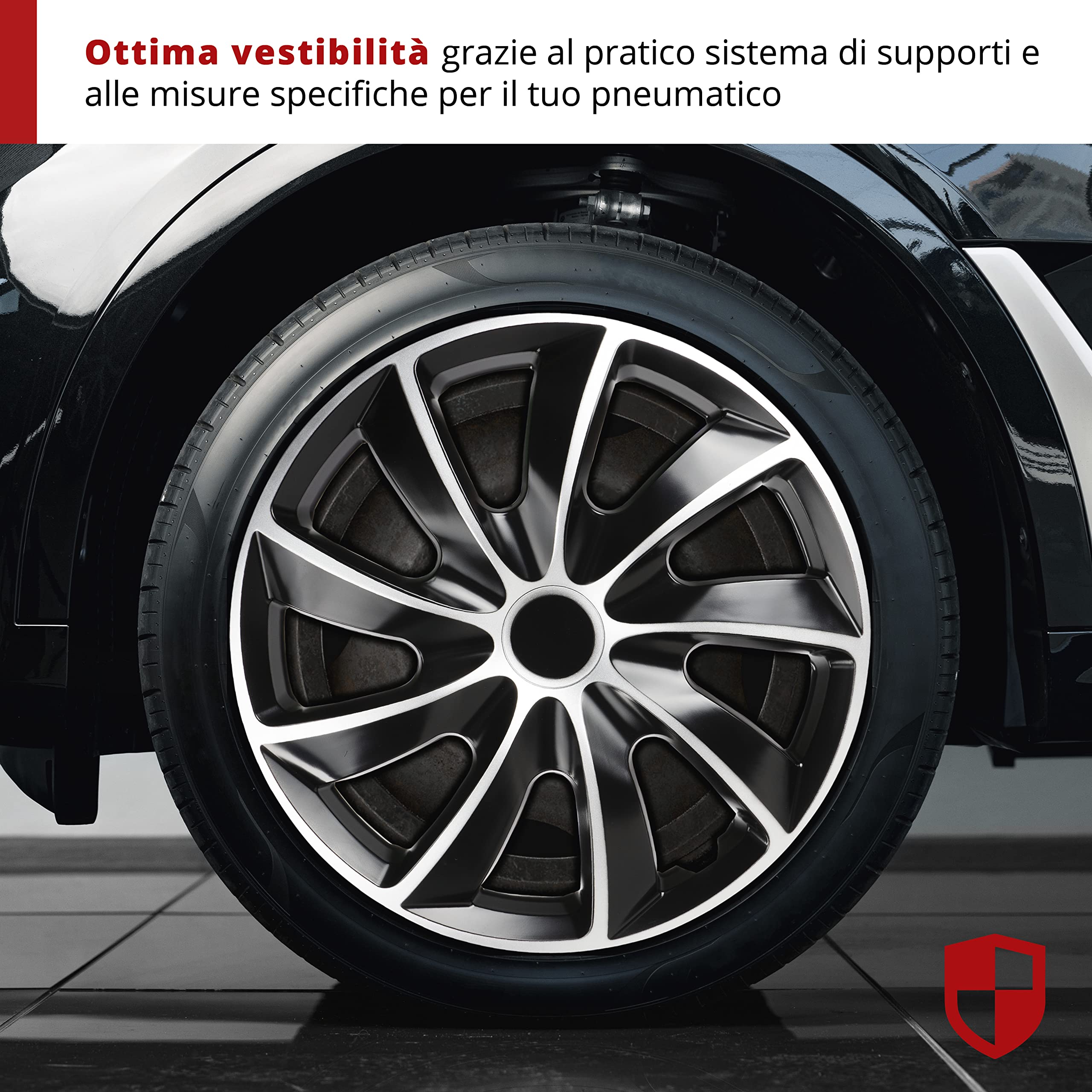 WALSER coprimozzi Aero Bicolor 15", Premio Molto Buono* set di quattro copricerchi universali cerchi, coperture del cerchione in look alluminio, copricerchi in look sportivo e moderno nero/argento