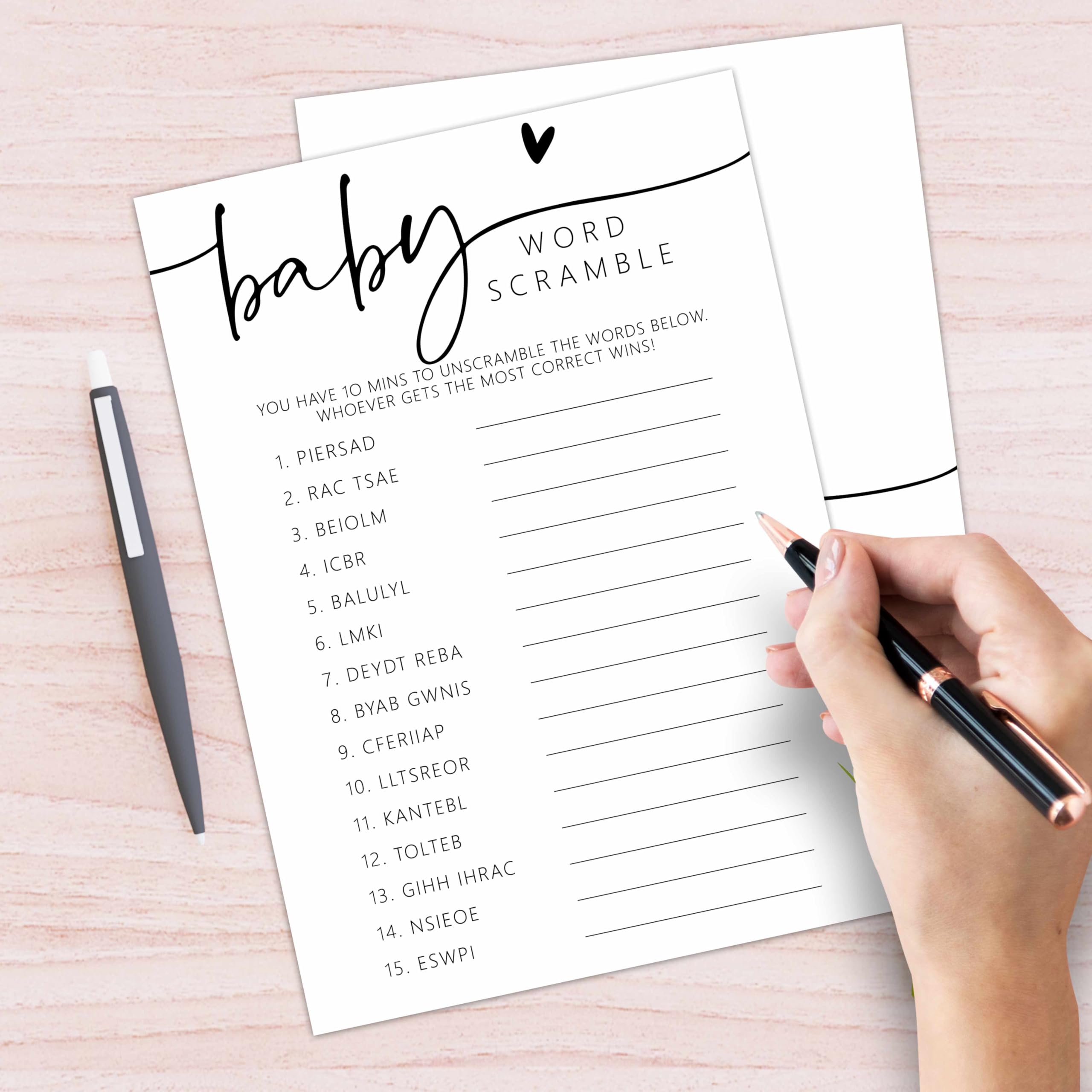 Zabawne gry na baby shower, gra słowna dla dzieci, minimalizm dekoracje na baby shower sprzyja pomysłom, neutralne pod względem płci artykuły imprezowe-25 szt., 12,7 x 17,8 cm - C07, biały
