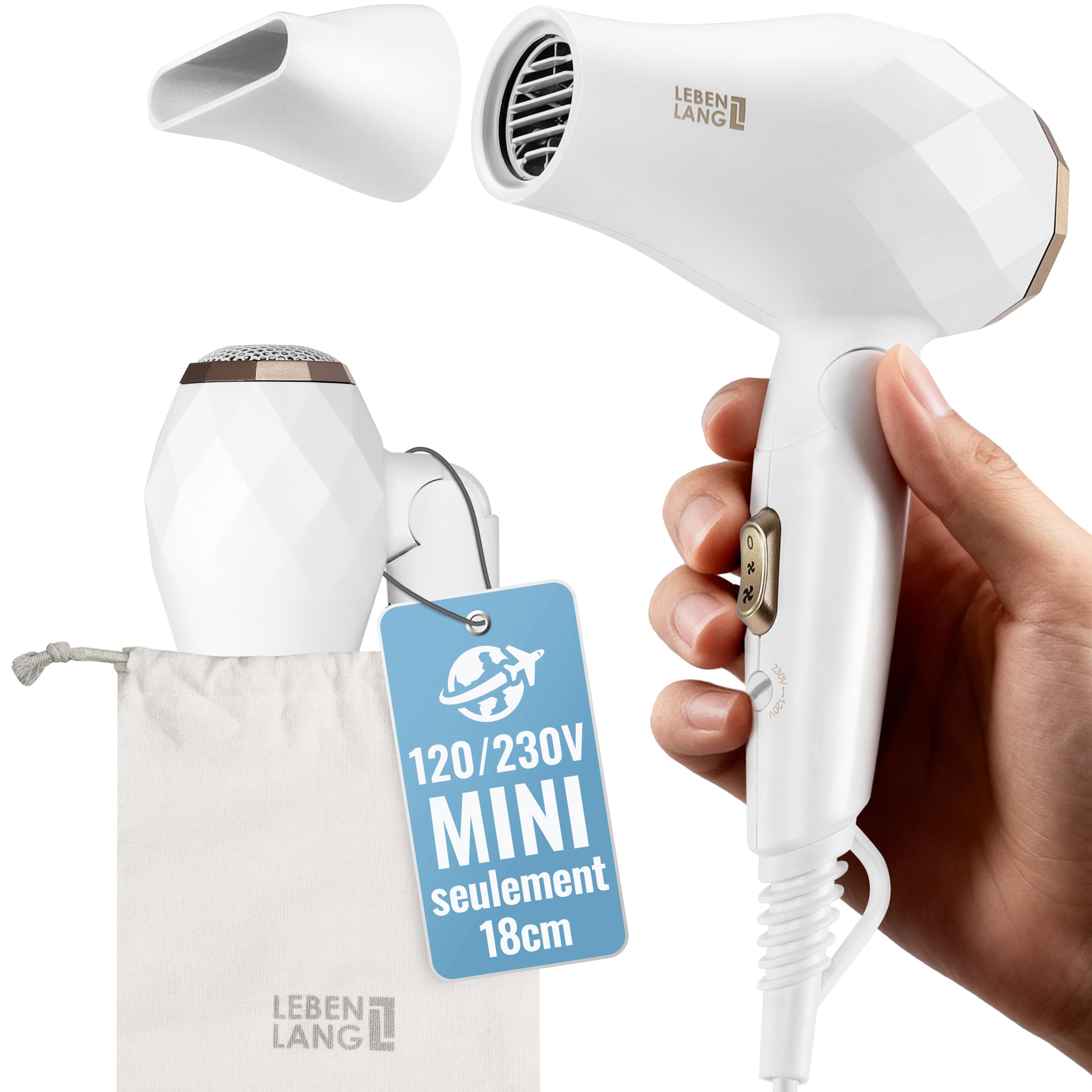 LEBENLANG Seche cheveux voyage pliable petit - 1000W & Double tension & Sac de voyage avec buse de coiffage inclus I Sèche cheveux ionique Hair dryer I Mini sechoir cheveux Séche cheveux leger