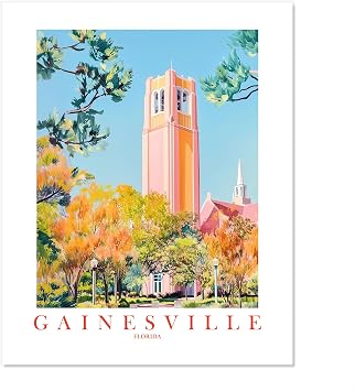 ColorAndFlair Gainesville Travel Poster FL Print Florida Pink Orange Wall Art Poster Scenery Landscape Painting Bedroom Student Dorm Home Decor 12x16 inches