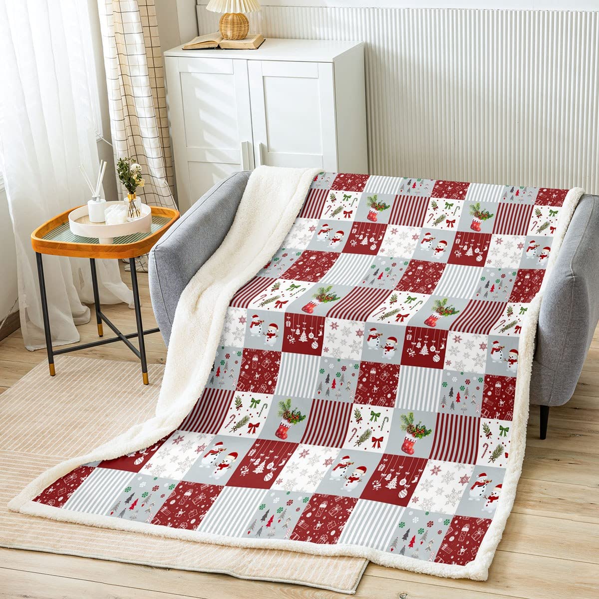 Manta de Navidad, 229x229 cm, color rojo, gris, blanco, parche de forro polar, copo de nieve, muñeco de jengibre, muñeco de nieve, manta difusa para niños, niñas, manta geométrica, a cuadros