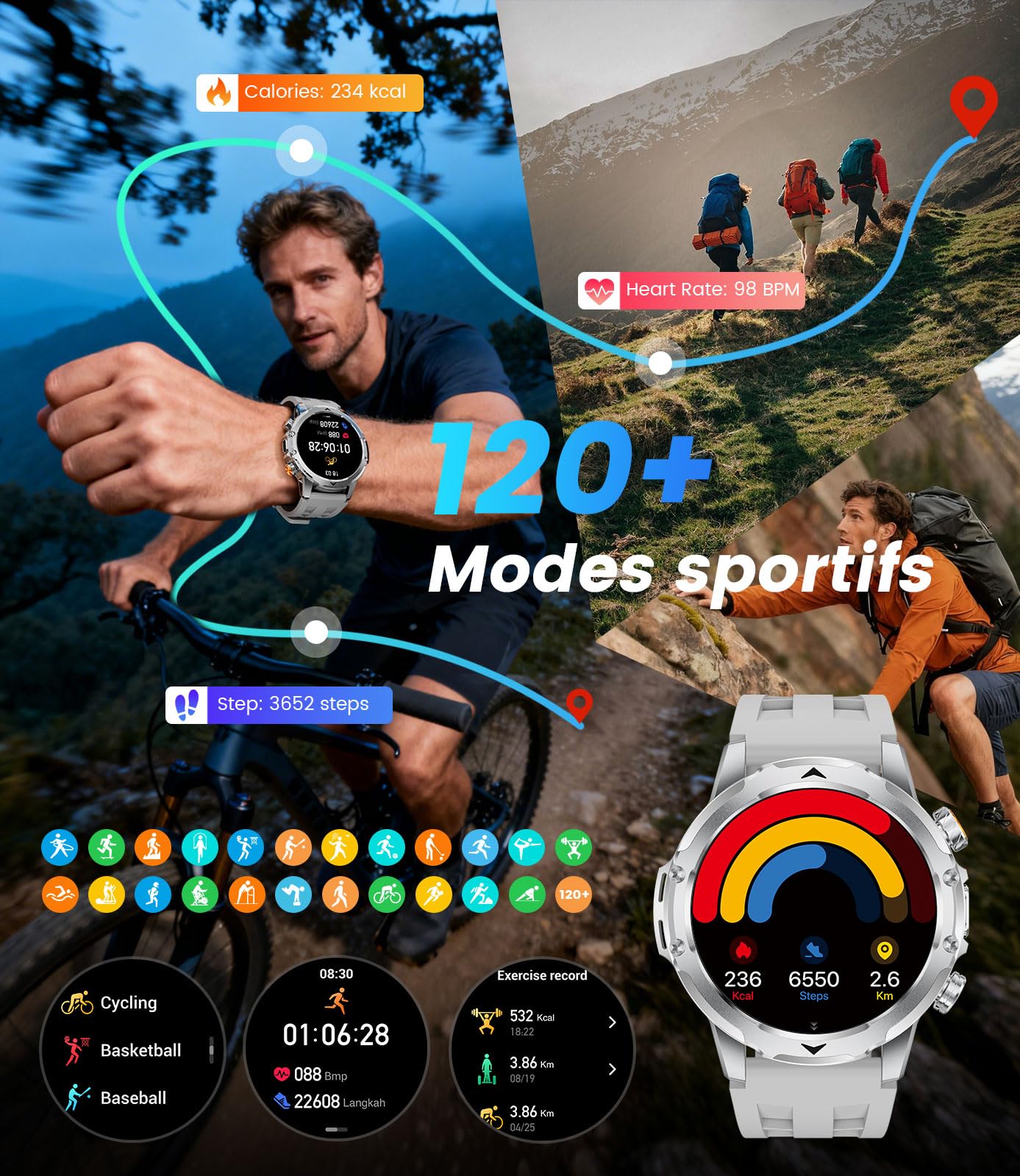 Montre Connectée Homme avec 1000mAh/3 Bracelets/1,53'' HD Grand Écran/LED Lampe,Smartwatch Homme avec Moniteur de Fréquence Cardiaque et Sommeil/110+ Modes Sportifs, Android iOS, Argenté