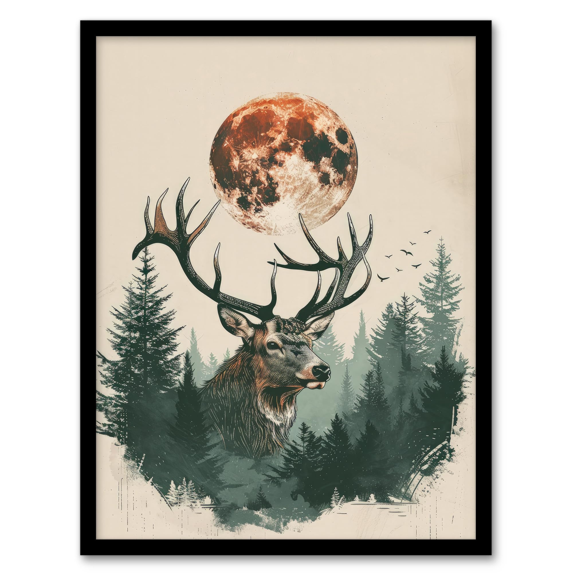 Artery8 Stag Full Moon Pine Trees Forest Artistic Design For Living Room Artwork Framed Wall Art Print A4