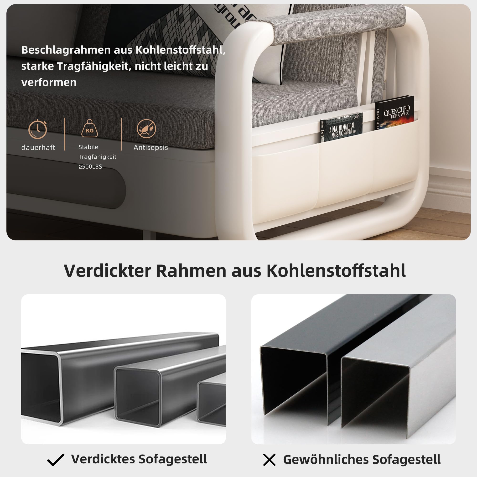 Ausziehbares Schlafsofa mit Schlaffunktion für kleine Räume | Schlafcouch,Sofa Bed,mit Stauraum,Abnehmbares,Für Wohnzimmer,Dunkelgrau und Weiß,150cm