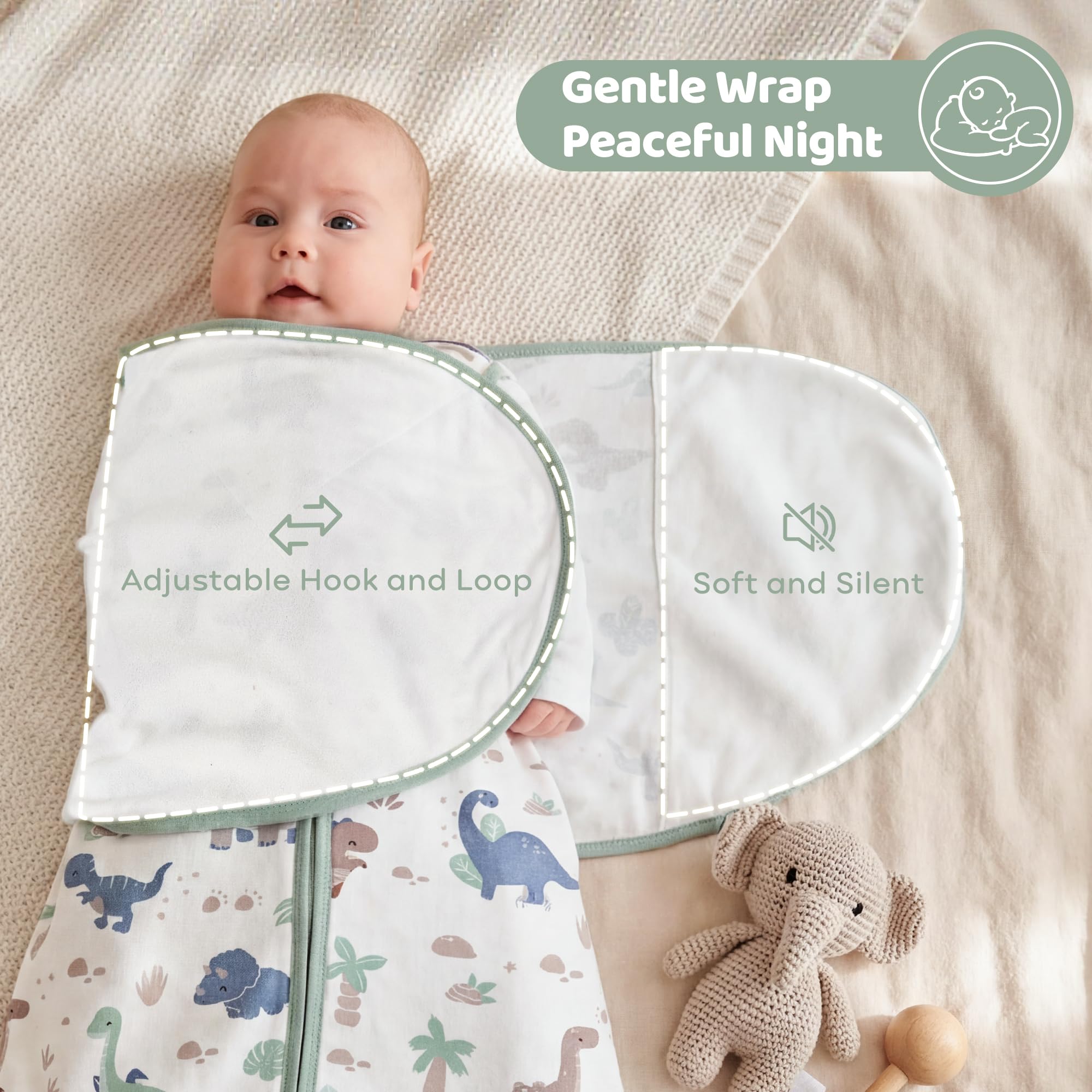 FIEMOL Baby Swaddle Sleep Sack 3-6 Months, Cotton Swaddles for Newborns Boys Girls, 2-Way Zipper Transitional Infant Wearable Swaddling Blanket with Quiet Closure, 0.5 TOG 2 Pack Soft Green Dinosaur - 5