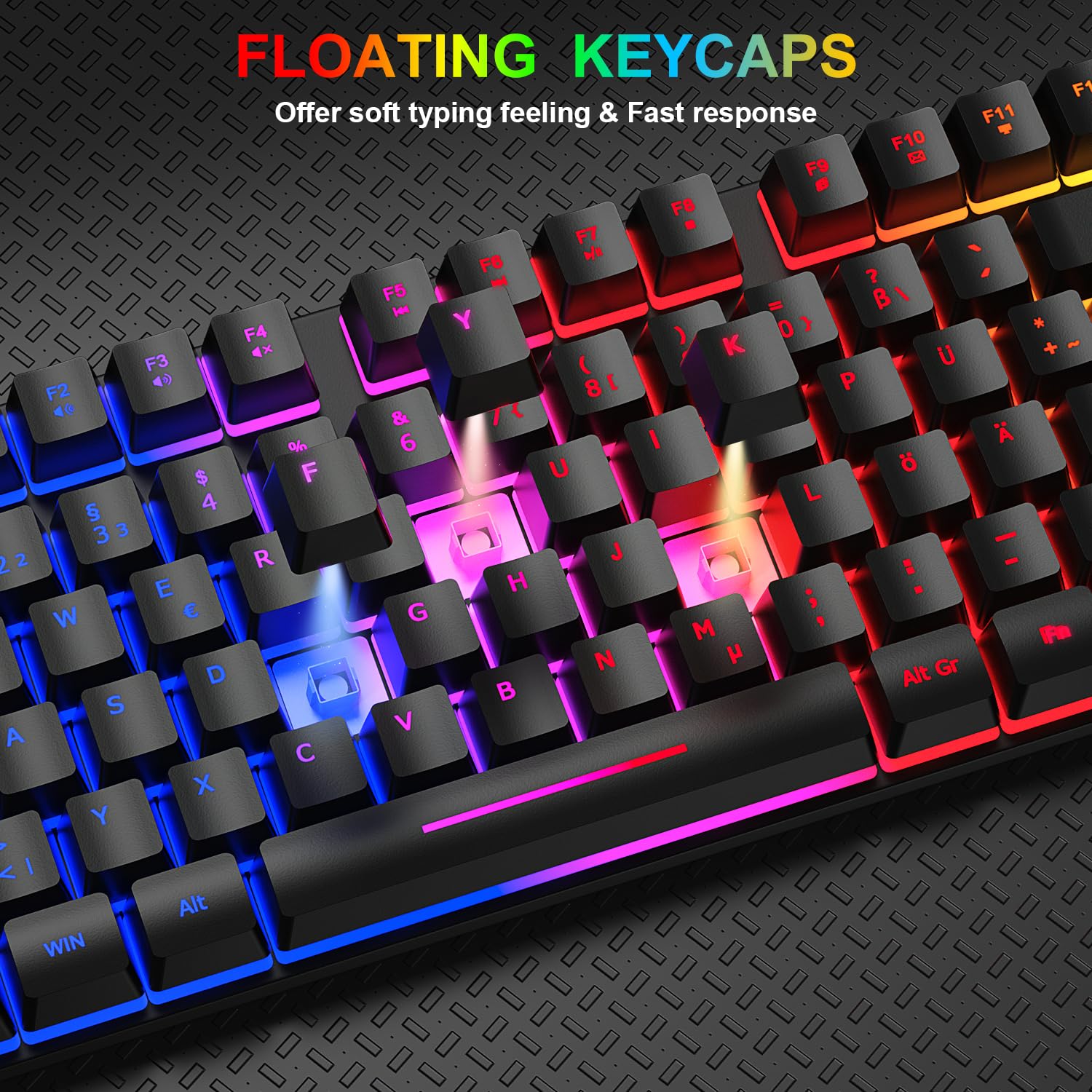 Gaming Tastatur und Maus Set, QWERTZ DE Layout, RGB Hintergrundbeleuchtung Tastatur Beleuchtet, 4 Farben Ergonomische Gaming Maus, USB Kabelgebundene Tastatur Maus mit Mauspad für PC, Mac