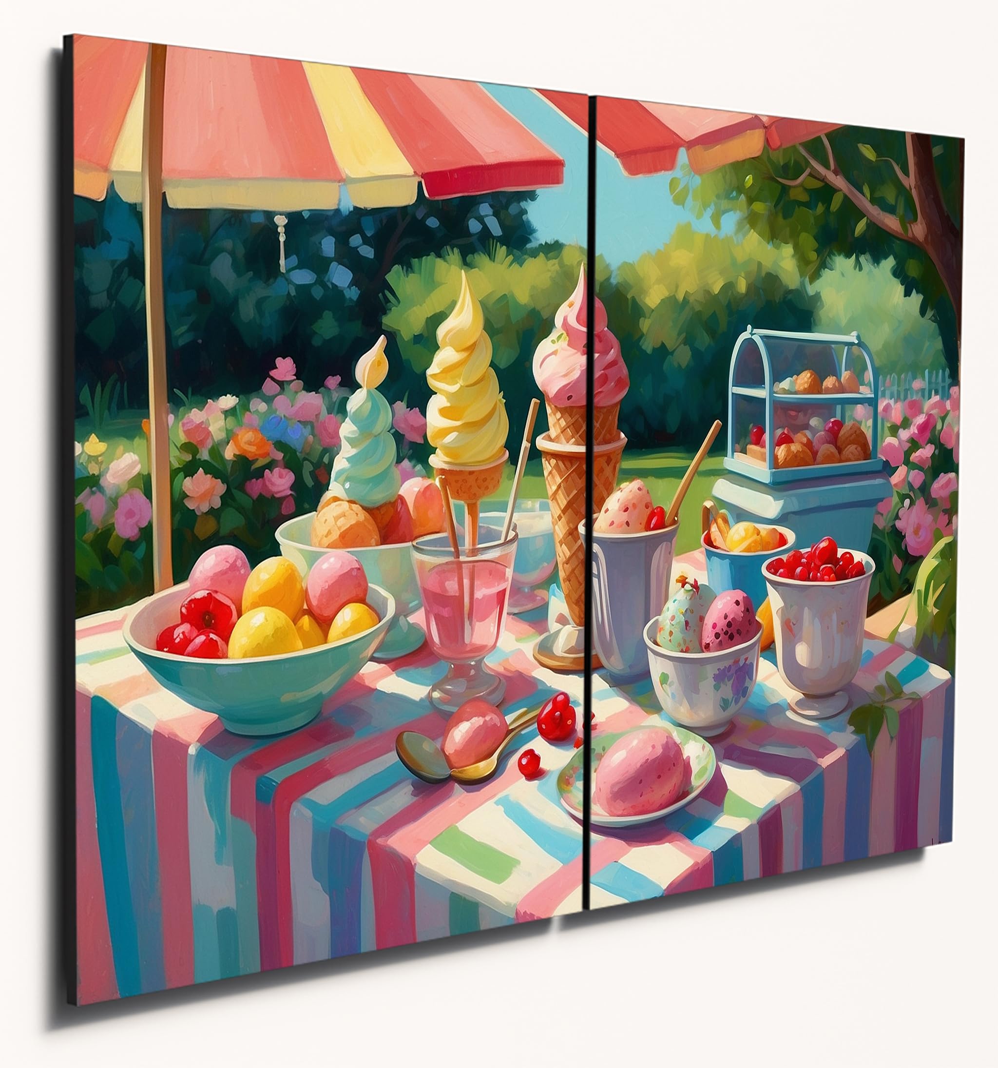 The Plum Penguin Design 3 A4 Ice Cream Social Scene Wall Art - Dual Mdf Wooden Panels With Textured Print Canvas Alternative 40 X 30Cm