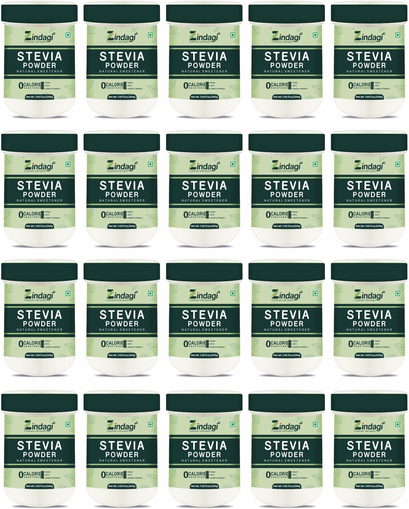 Zindagi Stevia Sugar Powder | Stevia Plant Based Sweetener | Zero Calorie & Sugar Free | 200GM Pack Of 20