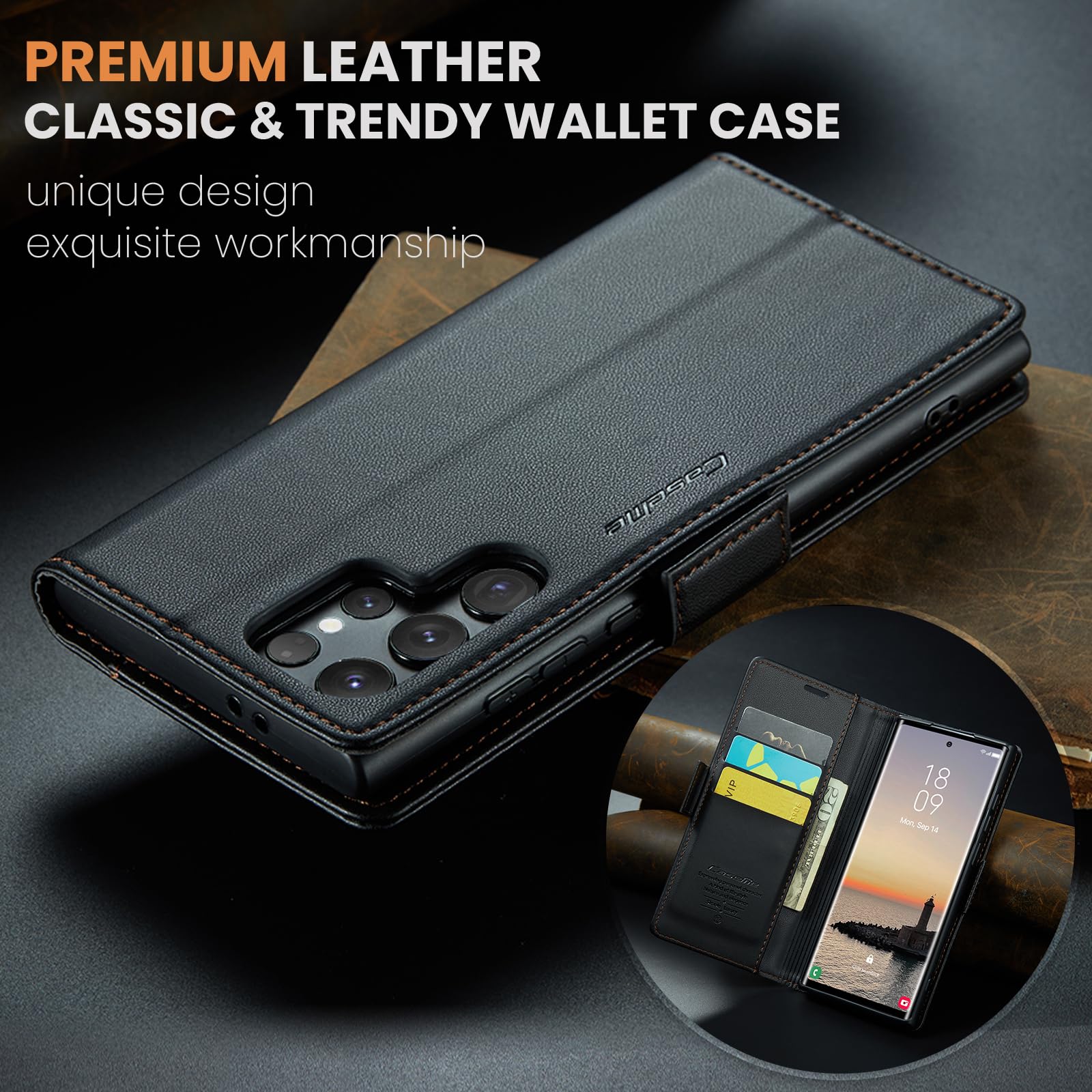 Rerzoiro Case for Samsung Galaxy S24 Ultra Wallet Case, RFID Blocking PU Leather Flip Folio Cover Card Holder Kickstand Shockproof Phone Case Compatible with Samsung Galaxy S24 Ultra, Black — view 7