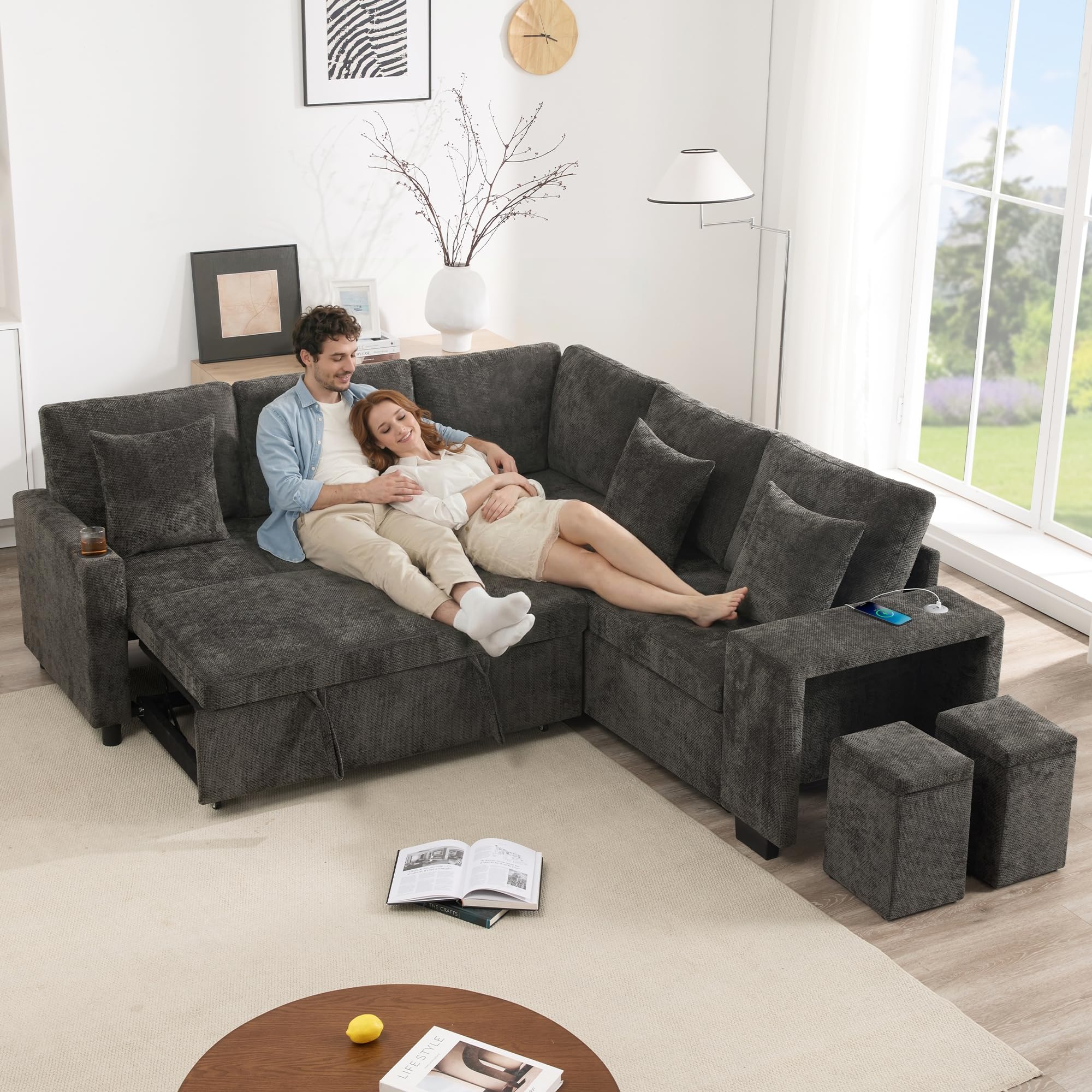 Divano angolare con funzione letto e vano portaoggetti, divano letto convertibile a forma di L, con ricarica USB e portabicchieri, ideale per soggiorno e home theater (grigio)