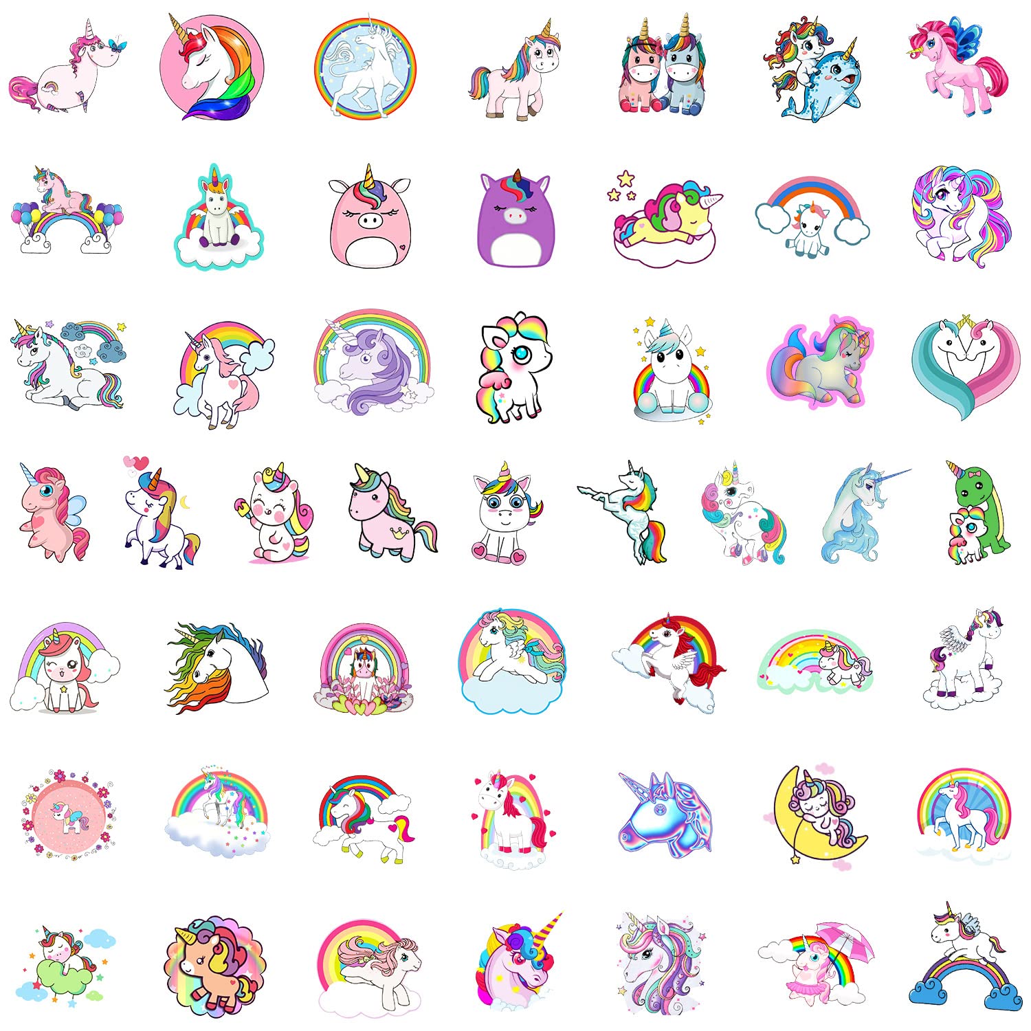 50 Autocollants Licorne Imperméables - Motifs Mignons - Pour Valise, Laptop, Bouteille, Skate...