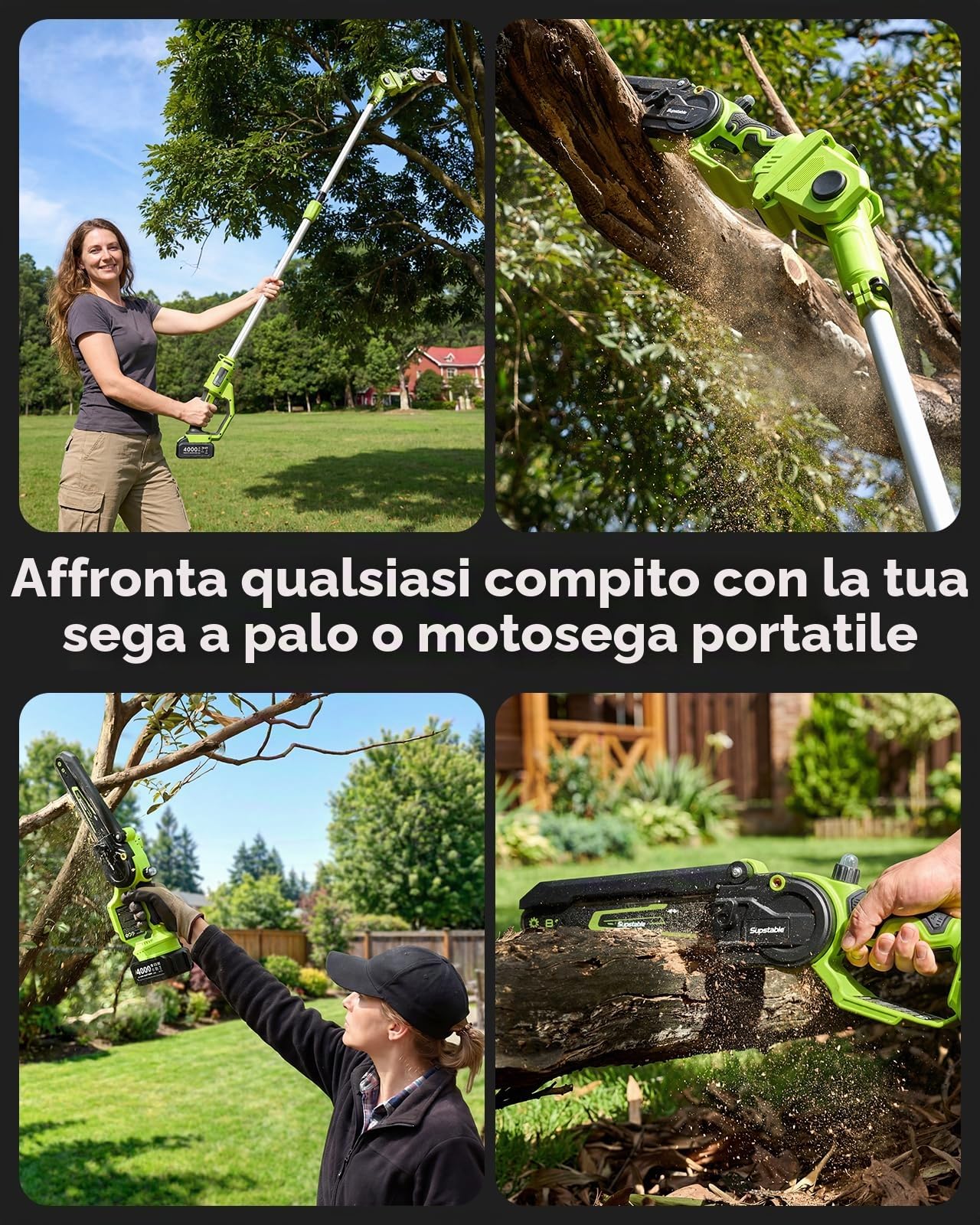 Supstable Potatore Telescopico a Batteria 2 in 1, 8 Pollici Mini Motosega Telescopica con 2×4000 mAh, Motore Brushless con Lubrificazione Automatica, Portata fino a 4,8m per Potatura Alberi e Giardino
