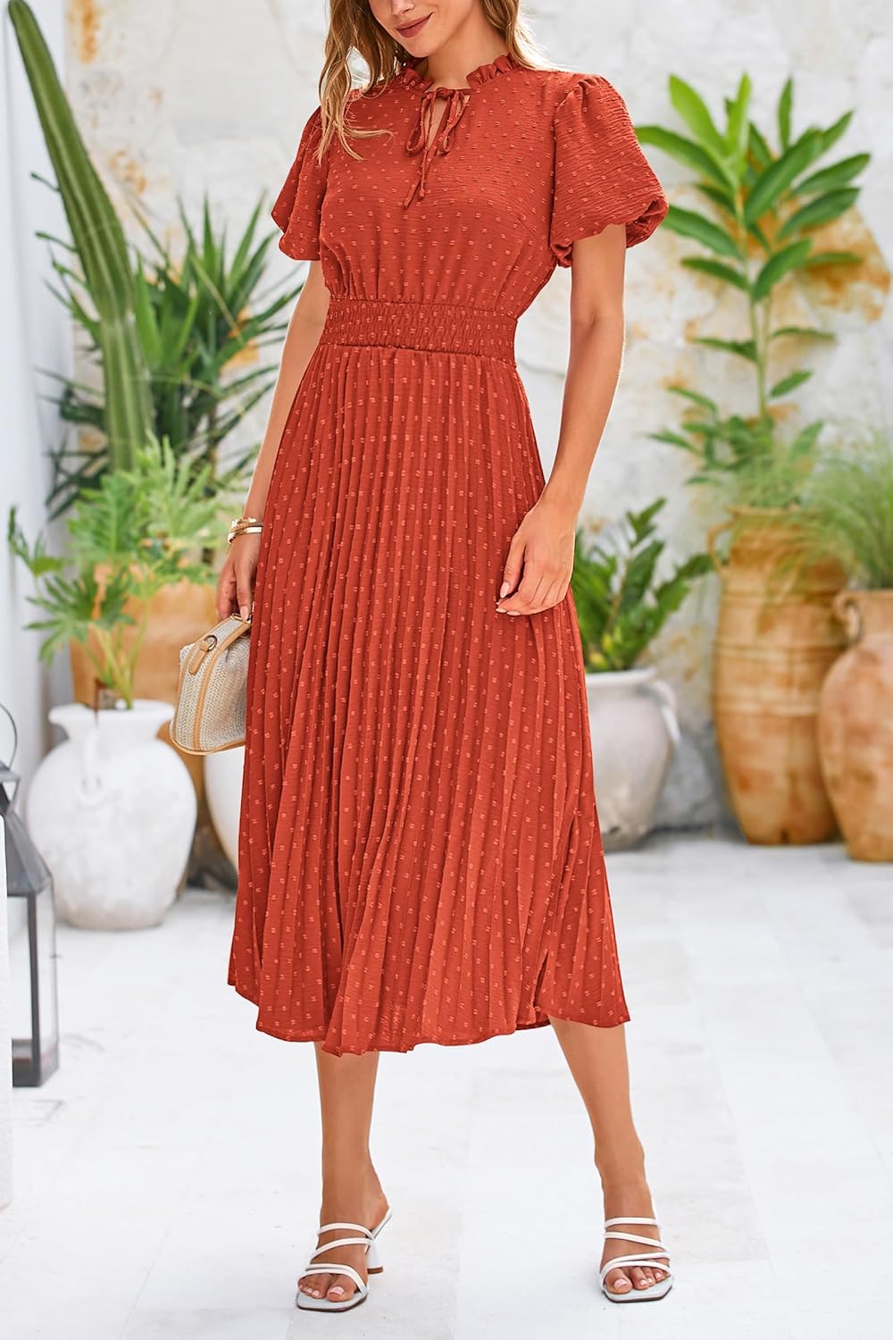 PRETTYGARDEN Womens Summer Midi Dresses Puff Short Sleeve V Neck Swiss Dot Pleated A Line Flowy Long Wedding Guest Dress - (color: Brick Red, size: X-Large)