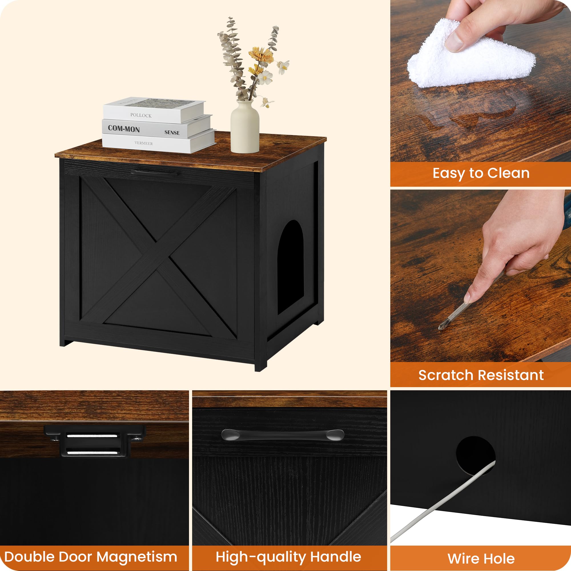 Dwanton Cat Litter Box Furniture Hidden, Cat Litter Box Enclosure, Reversible Entrance Can Be on Left or Right Side, Indoor Cabinet, Wooden Washroom, Nightstand, Black and Rustic Brown, 23.6" L - image 6