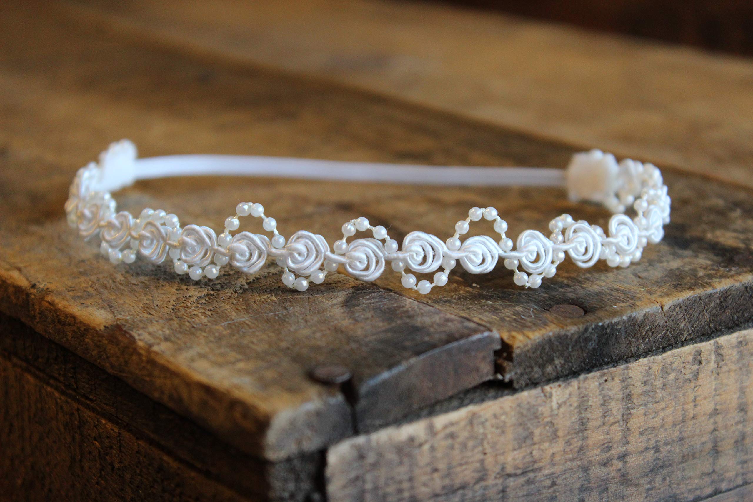 AMOS and SAWYER Waved Beaded Lace Halo Headband in Ivory or White, Also Available as a tieback, Photography Prop, Newborn, Toddler, Child, Adult (White, Newborn)
