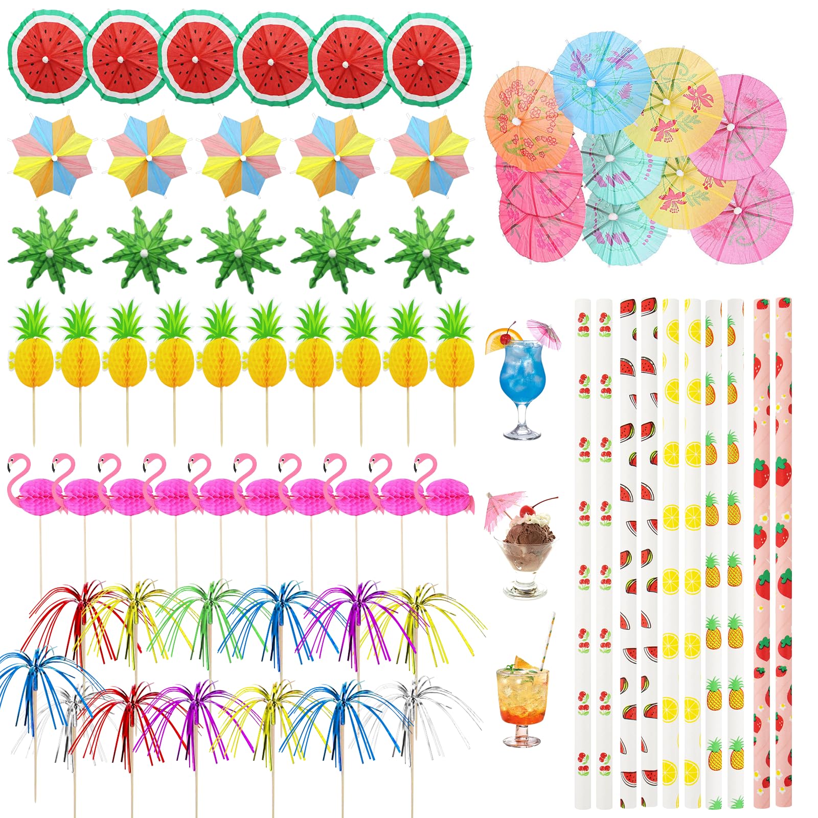 Yuaerbuo 130Pcs Cocktail Accessories for Drinks, Cocktail Umbrellas and Straws Reusable Cocktails Decorating Supplies Cocktail Drink Decoration Set for Party Drinks Bar Summer Beach Holiday