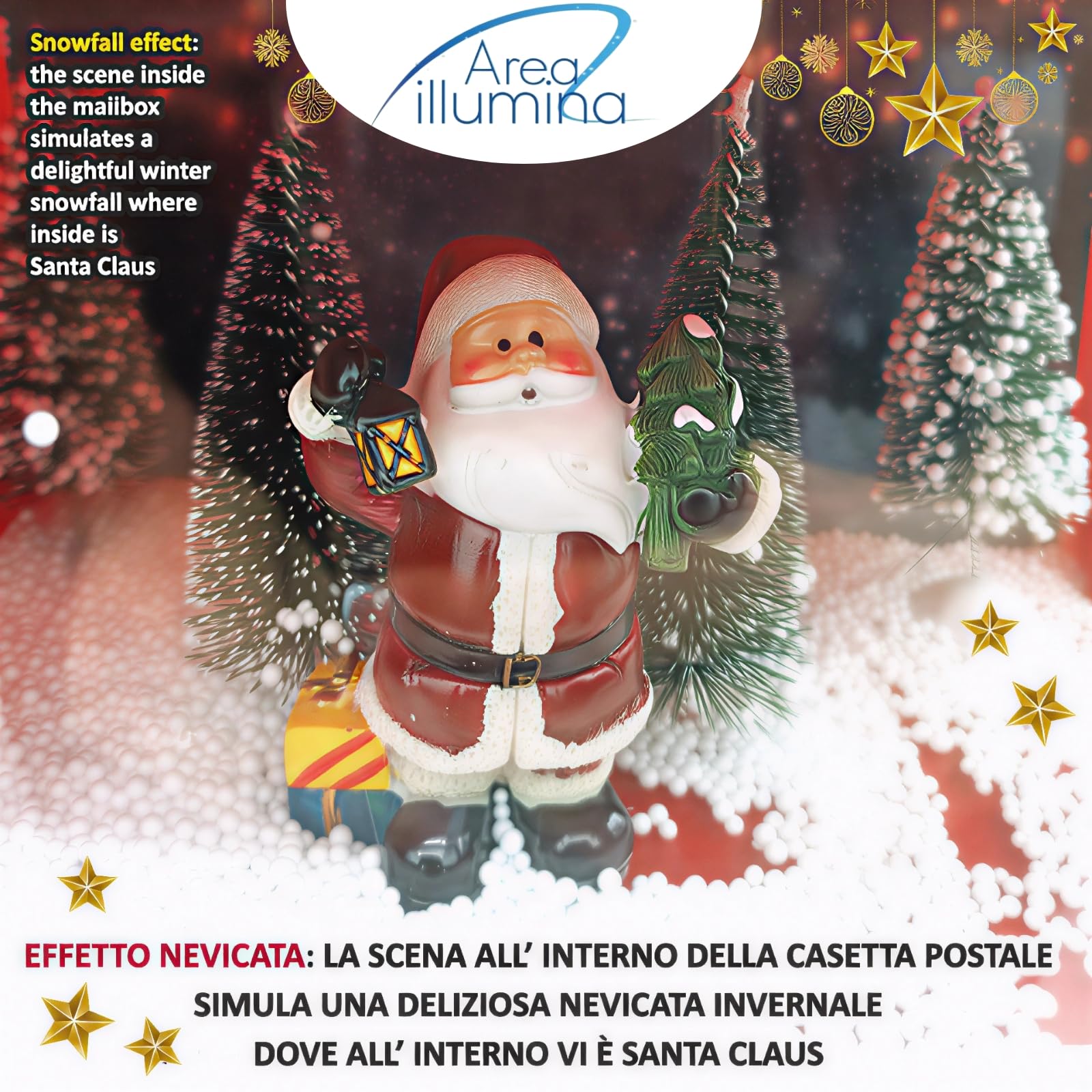 Cassetta Posta di Santa Claus Rossa con LED, Musica e Neve – Decorazione Natalizia Luminoso e Musicale per Casa, Vari Modelli (Cassetta con Piede)