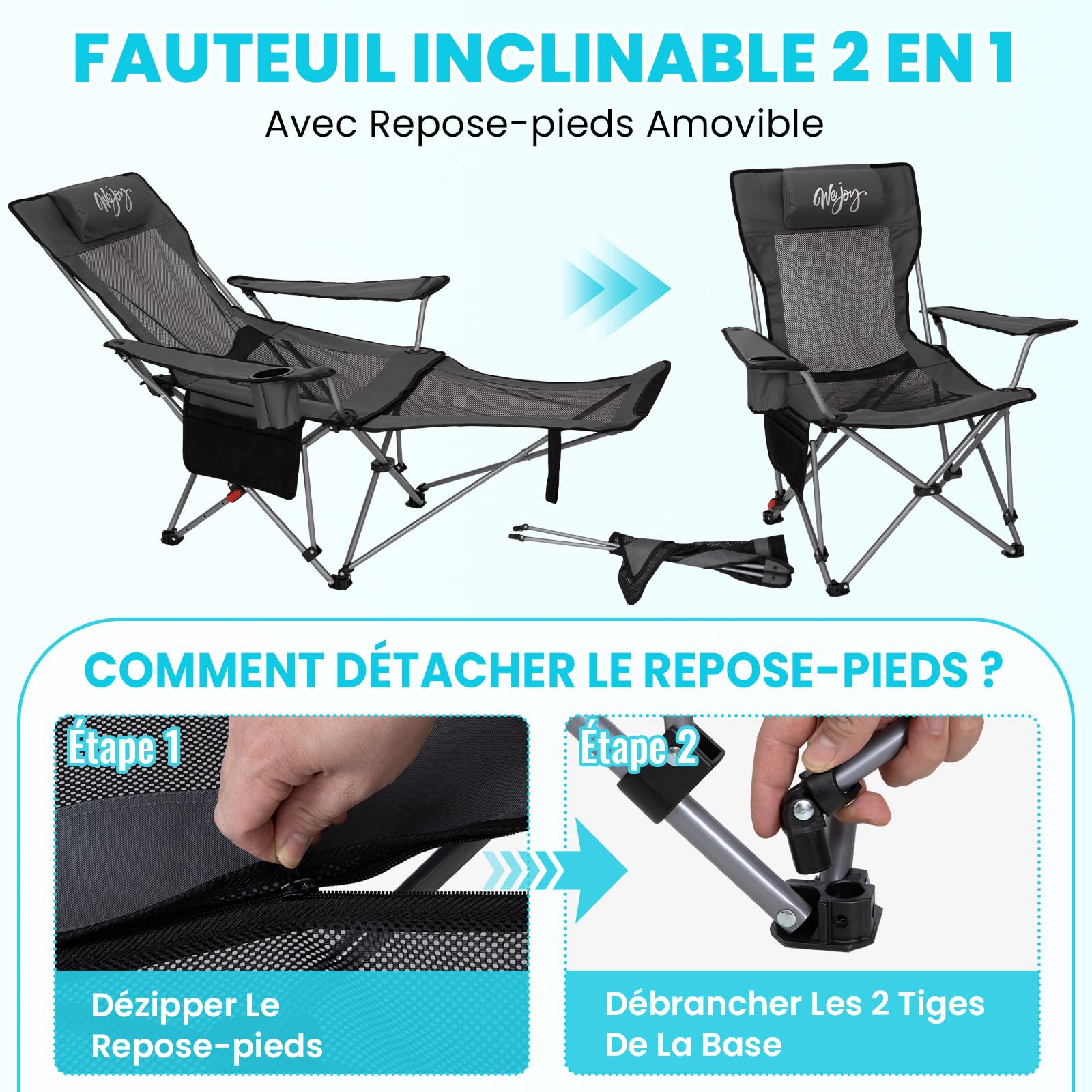 #WEJOY chaise de camping 2 en 1 pliable 180 kg avec repose-pieds, dossier réglable en 4 positions, fauteuil de relaxation, extérieur, gris/noir